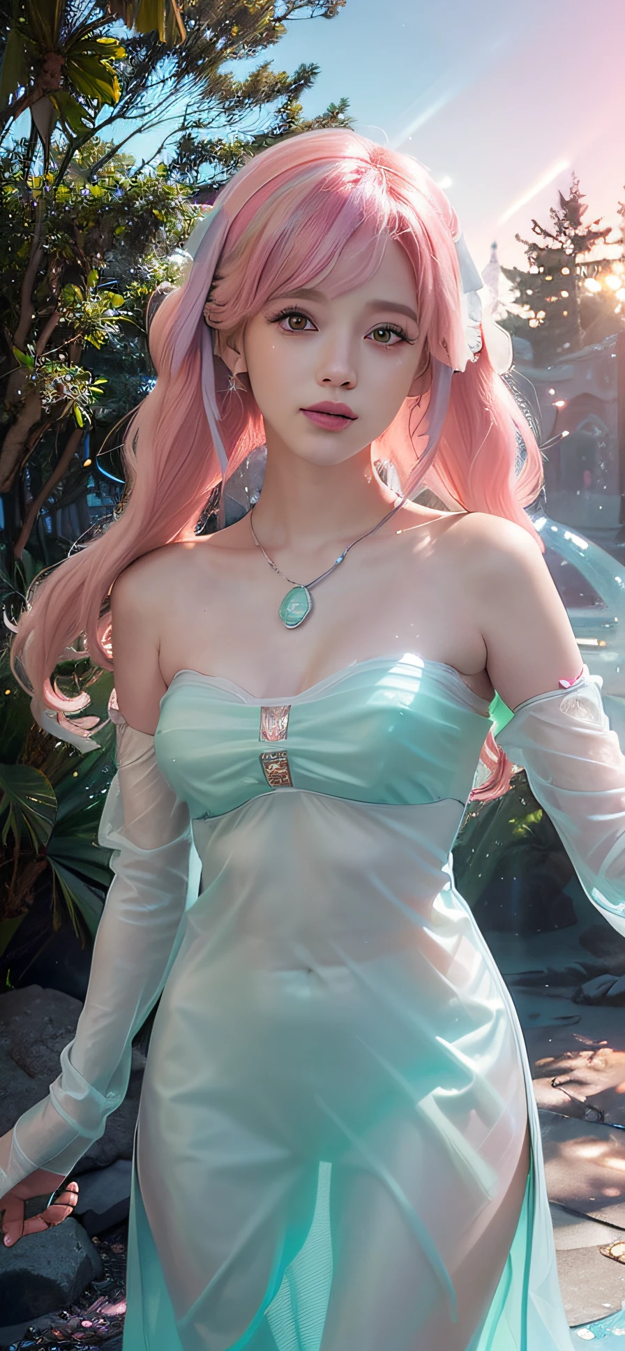 (fluorescent colors:1.4),(translucent:1.4),(retro filters:1.4), (fantasy:1.4), candy world Disney land ethereal soft fluffy soft landscape forest snowavatar Pastel pink sky green blue sparkle ethereal light pastel whimsical light rainbow stars diamonds sparkle gemstone background hyper realistic Ultra quality cinematic lighting immense detail Full hd painting Well lit,
