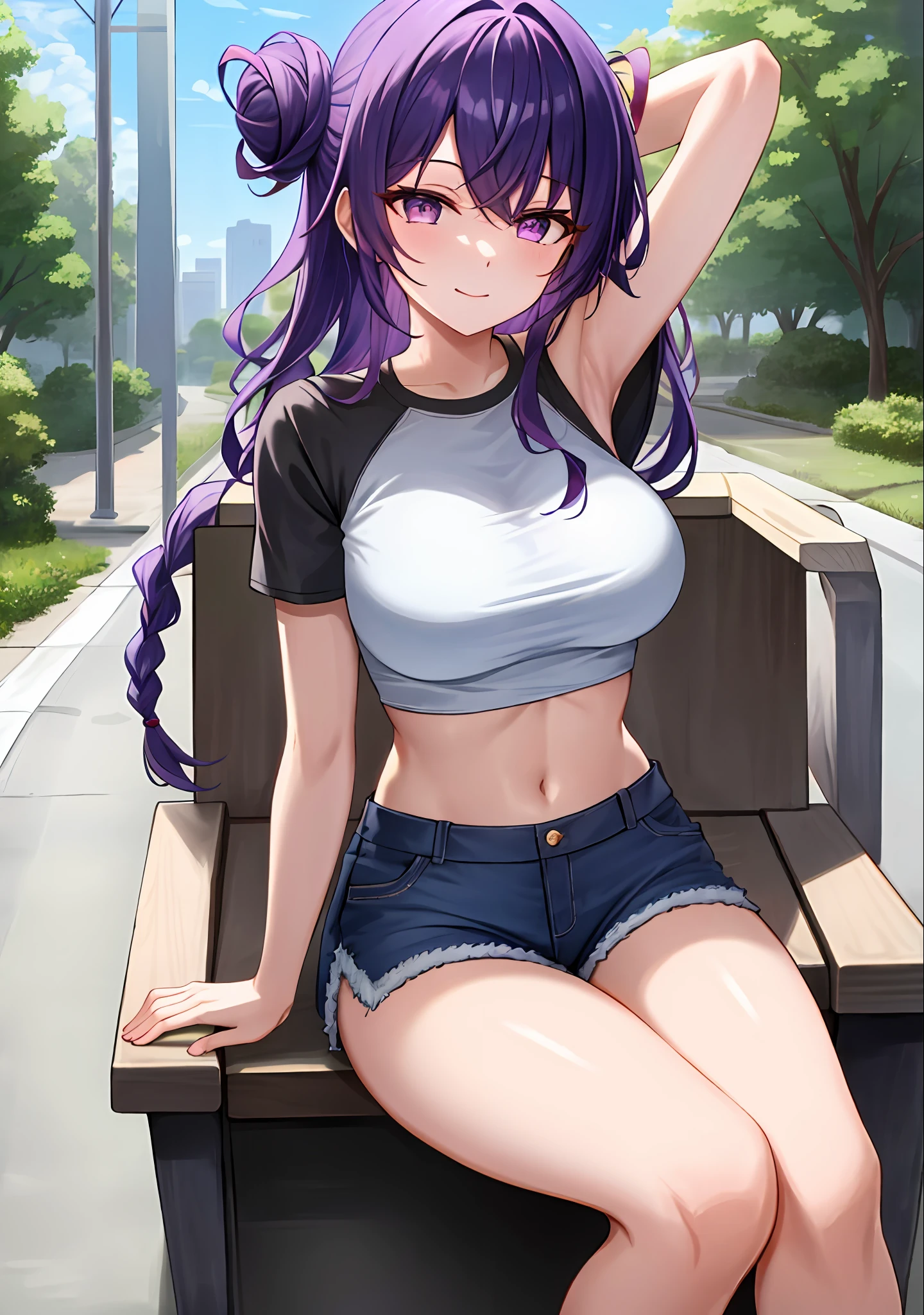 (masterpiece, best quality, ultra-detailed), keqing \(genshin impact\), (purple hair), cone hair bun, twin tails, long hair, swept bangs, braid, braided bangs, purple eyes, pink eyes,
(wearing a t-shirt:1.2), sitting on a chair outside of caf, embracing the natural beauty, sunlight, beautiful cloudy sky, city, street, denim shorts, black stocking,
medium breasts, thick thighs, critical angle, cowboy shot, arm behind head, arm behind back, armpits, light smile, crop top, strong and seductive expressions,,