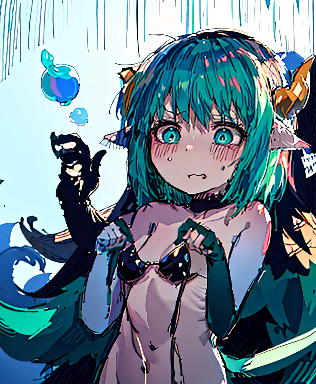 Anime girl with blue hair and green eyes in a bikini, komono, Demon Girl, Anime monster girl, monstergirl, Monster Girl, at pixiv, girl design lush horns, mikudayo, demon anime girl, Loli, colored sketch anime manga panel, Highest rated on Pisif, mika kurai demon, cute horns, Pisif