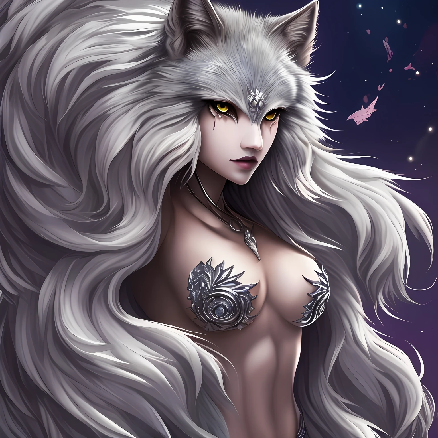female body wolf, purple fur, long silver claws, arms outstretched, howl humain face, black skin, pink eyes, pink lips, prominent silver canine --auto --s2