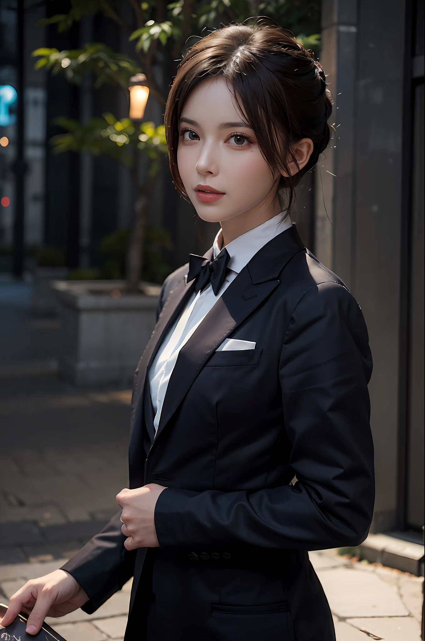 Surrealist portraits of women,Fantasyart,photographrealistic,动态照明,artstation,poster for,Volumetriclighting,Very detailed faces,4 k,Award-Awarded,,1girl,in the darkness nigth,deep shading,low tune,Cowboy photos,(formal outfit:1.4),short detailed hair,whaite hair,Short hair on the pan head