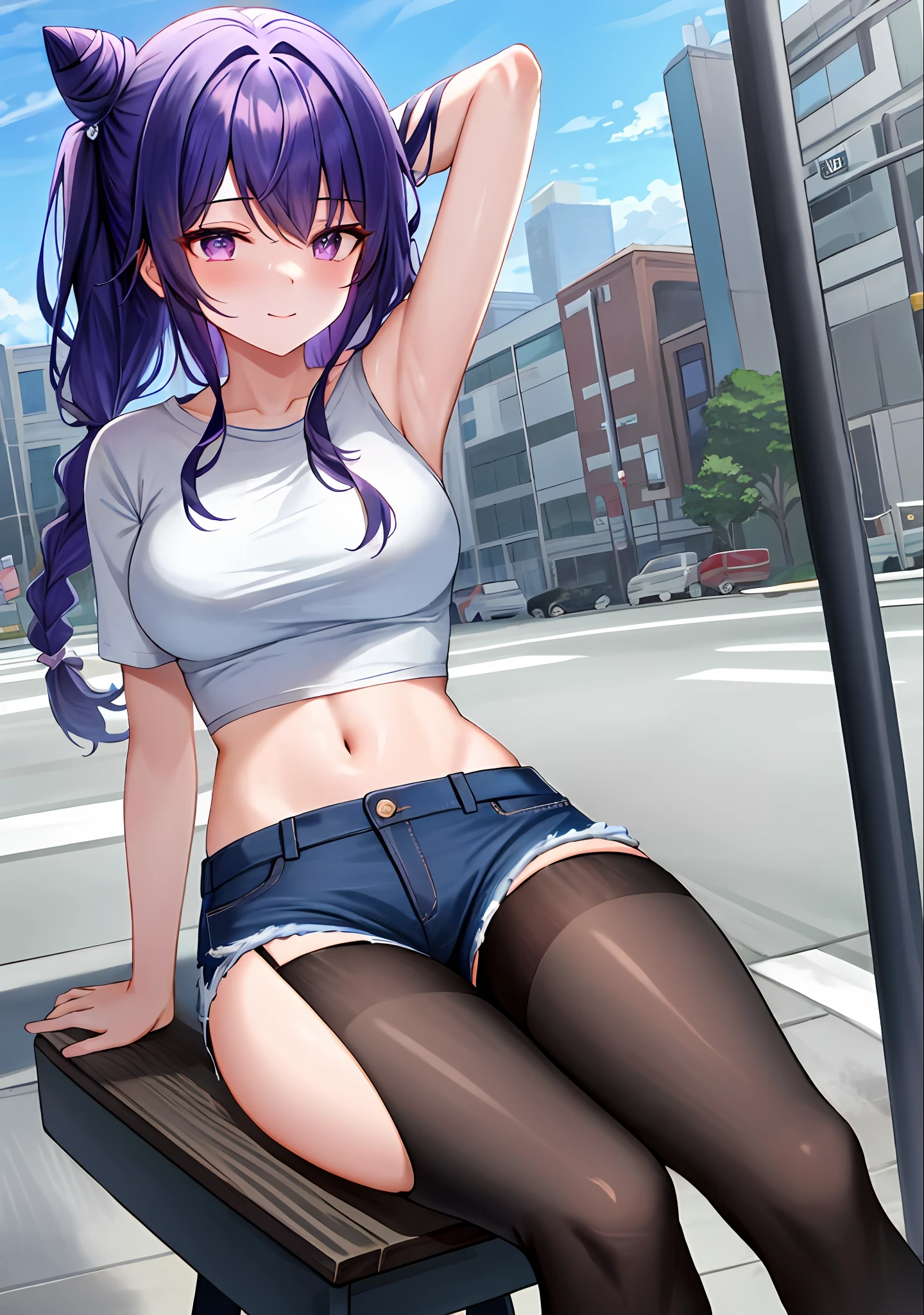 (masterpiece, best quality, ultra-detailed), keqing \(genshin impact\), (purple hair), cone hair bun, twin tails, long hair, swept bangs, braid, braided bangs, purple eyes, pink eyes,
(wearing a t-shirt:1.2), sitting on a chair outside of caf, embracing the natural beauty, sunlight, beautiful cloudy sky, city, street, denim shorts, black stocking,
medium breasts, thick thighs, critical angle, cowboy shot, arm behind head, arm behind back, armpits, light smile, crop top, strong and seductive expressions,,