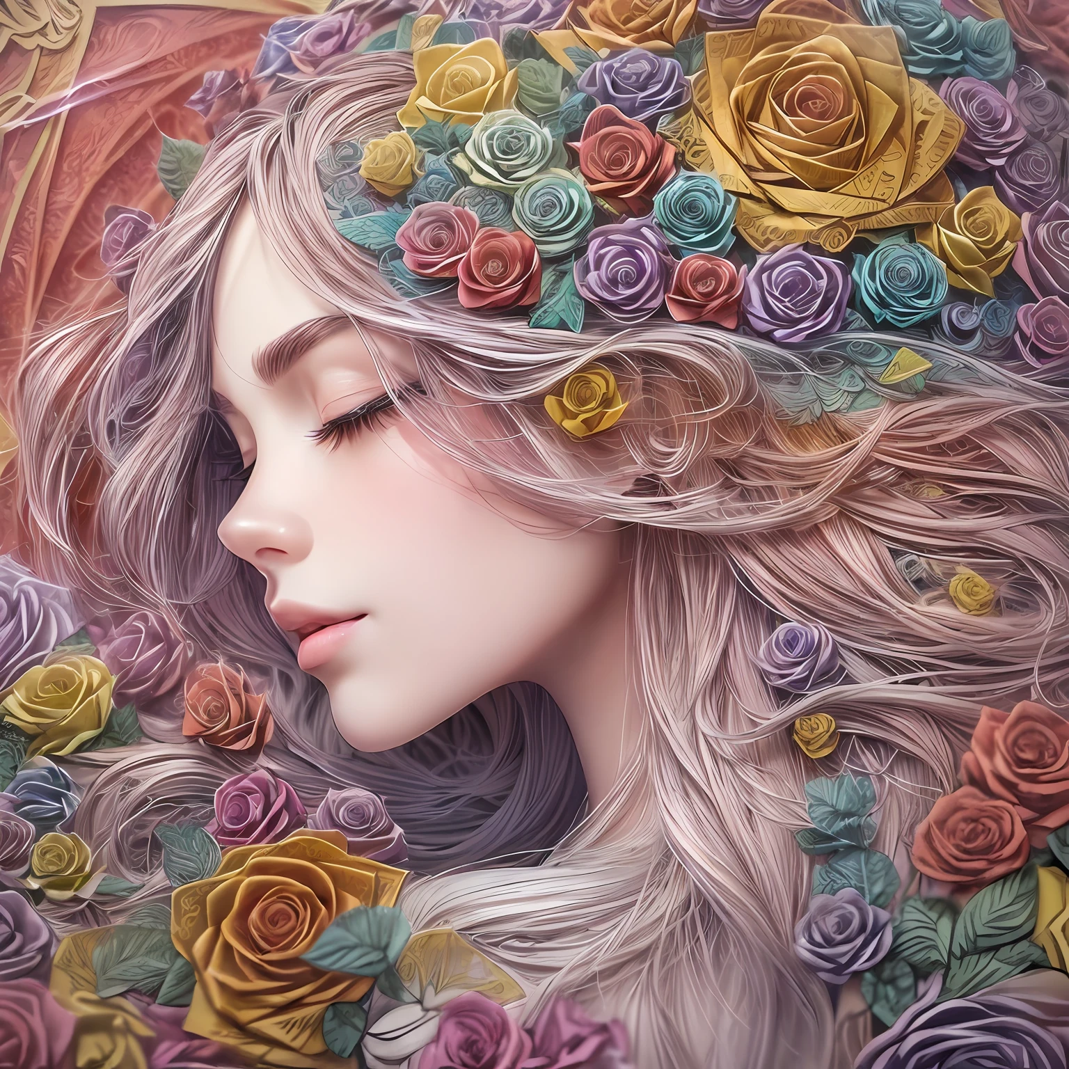(Beauty side face,Long colored hair,close eyes,Masterpiece roses),rainbow colored background, (illustration:1.2,paper art:1.2, zentangle:1.2, 3D render),(Best quality, Detailed details, Masterpiece, offcial art, movie light effect, 4K, Chiaroscuro)
