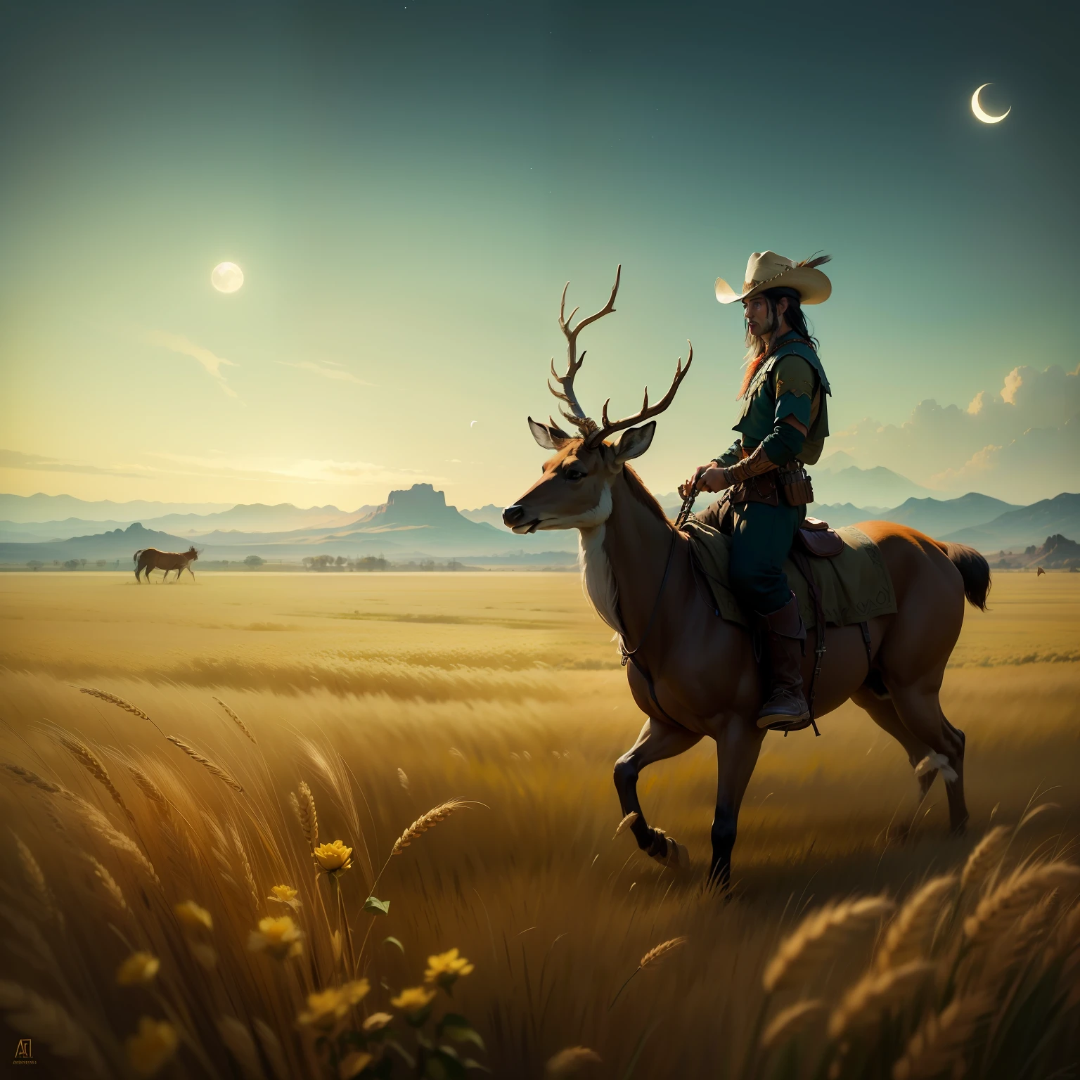 A man riding a deer in a field of wheat with small flowers, the moon and the sea A man dancing in a wheat field with small red and yellow roses with perfect symmetrical faces, Indigenous feather jewelry, Traditional handmade dress, warrior hunter armed, (((Far West))) environnement, Utah landscape, ultra realist, Art conceptuel, elegant, ((complexe)), ((highly detailed)), profondeur de champ, ((professionally colorful)), soft ambient lighting, twilight, 8k, dessin par Artgerm et Greg Rutkowski et Alphonse Mucha --auto