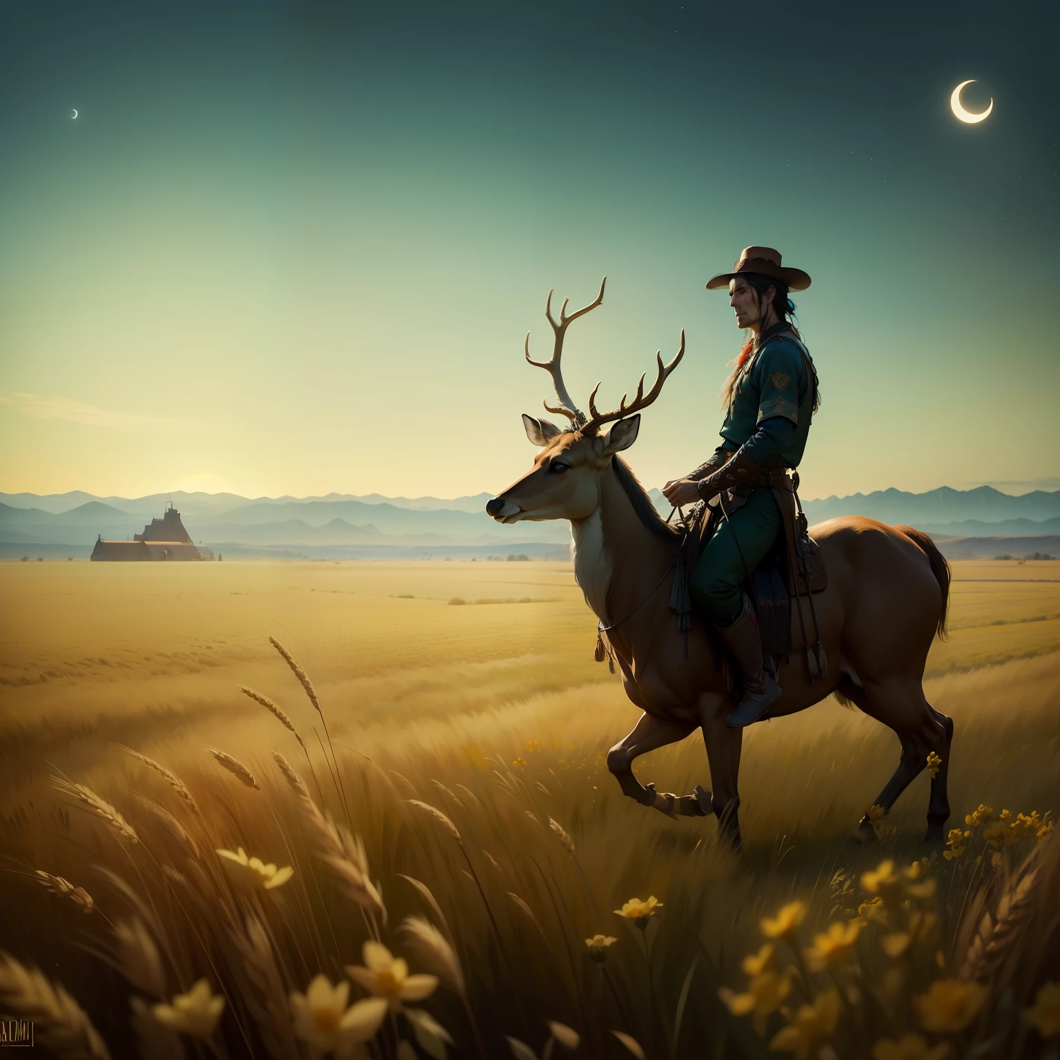 A man riding a deer in a field of wheat with small flowers, the moon and the sea A man dancing in a wheat field with small red and yellow roses with perfect symmetrical faces, Indigenous feather jewelry, Traditional handmade dress, warrior hunter armed, (((Far West))) environnement, Utah landscape, ultra realist, Art conceptuel, elegant, ((complexe)), ((highly detailed)), profondeur de champ, ((professionally colorful)), soft ambient lighting, twilight, 8k, dessin par Artgerm et Greg Rutkowski et Alphonse Mucha --auto