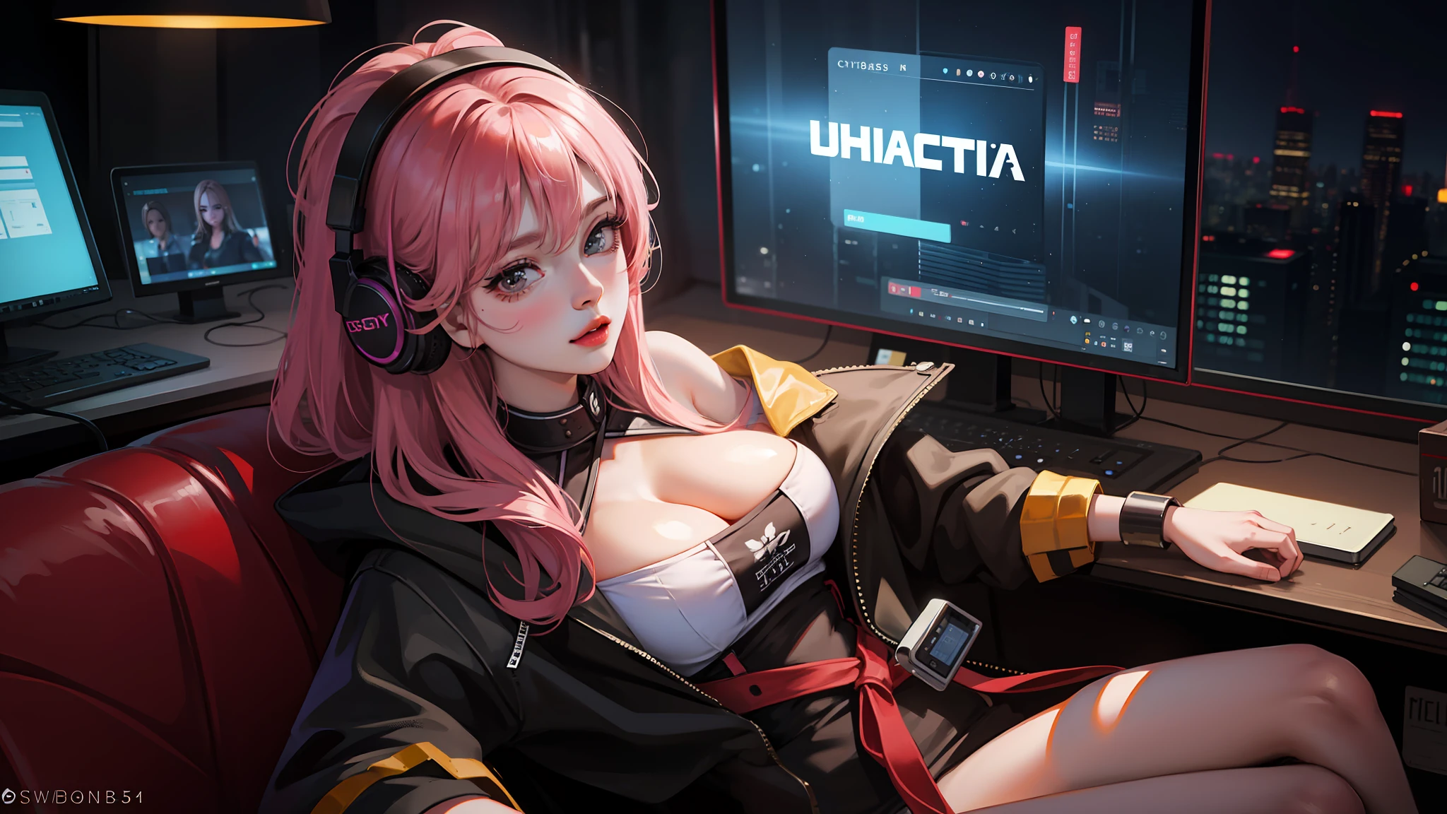masterpiece, top-quality, 超A high resolution,(photographrealistic:1.4),((1girl in)), The upper part of the body, Close-up of a shot of the face, big eye, Colossal tits, cleavage of the breast, pink there、headphones、doress、games、 cute little, 年轻, the pose, looking at the viewers, cyberpunked, nightcity, criss-cross,A sexy,a room