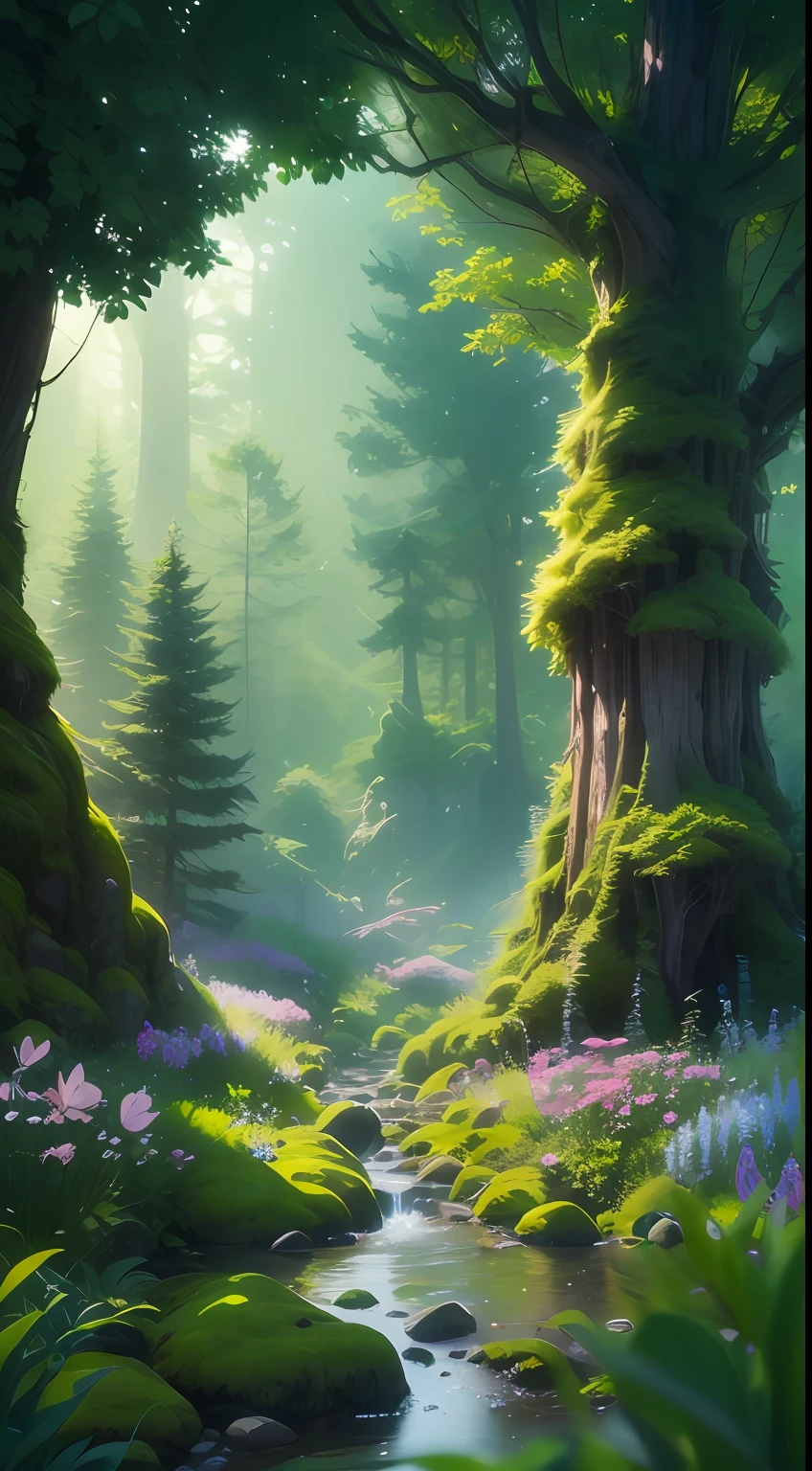 Breathtaking forest scene,Tall trees stretch out to the sky,sunshines through the leaves,Cast a golden glow on the forest floor。Small streams run through mossy rocks,Creates a peaceful atmosphere。The delicate branches are dotted with vibrant flowers and leaves,Add a touch of color to the scene。Fireflies dancing in the air,A soft glow illuminates the surroundings。The air is filled with soft melodies,Butterflies flutter among the flowers。In the complex、This fascinating moment is captured in high-quality illustrations,And pay attention to the finest details and realistic shadows。Isometric 3D rendering using Octane Render and ray tracing will bring this magical forest to life,((green color))