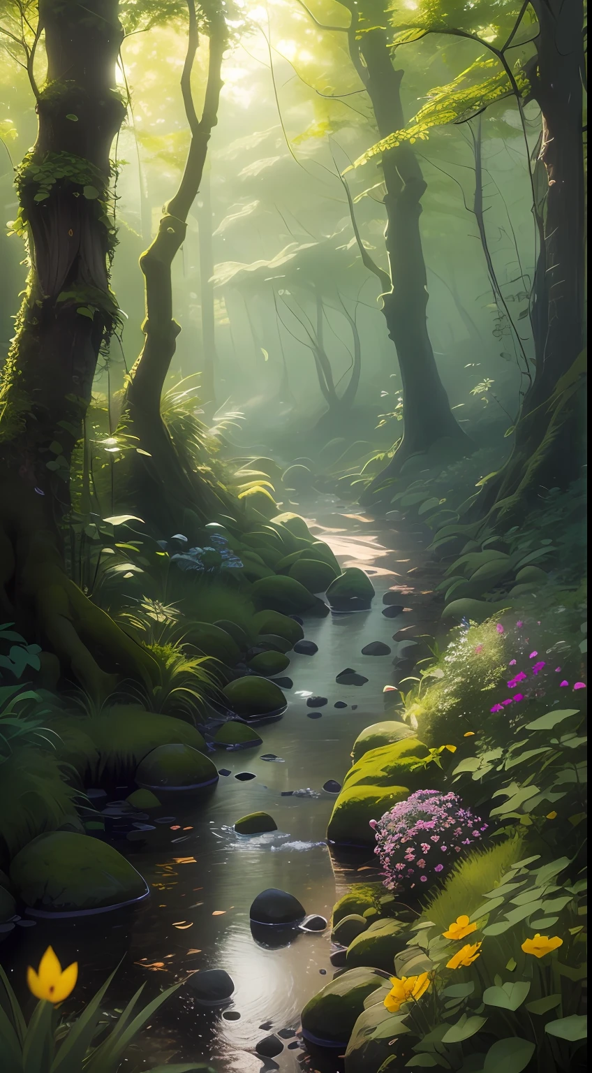 Breathtaking forest scene,Tall trees stretch out to the sky,sunshines through the leaves,Cast a golden glow on the forest floor。Small streams run through mossy rocks,Creates a peaceful atmosphere。The delicate branches are dotted with vibrant flowers and leaves,Add a touch of color to the scene。Fireflies dancing in the air,A soft glow illuminates the surroundings。The air is filled with soft melodies,Butterflies flutter among the flowers。In the complex、This fascinating moment is captured in high-quality illustrations,And pay attention to the finest details and realistic shadows。Isometric 3D rendering using Octane Render and ray tracing will bring this magical forest to life,((green color))