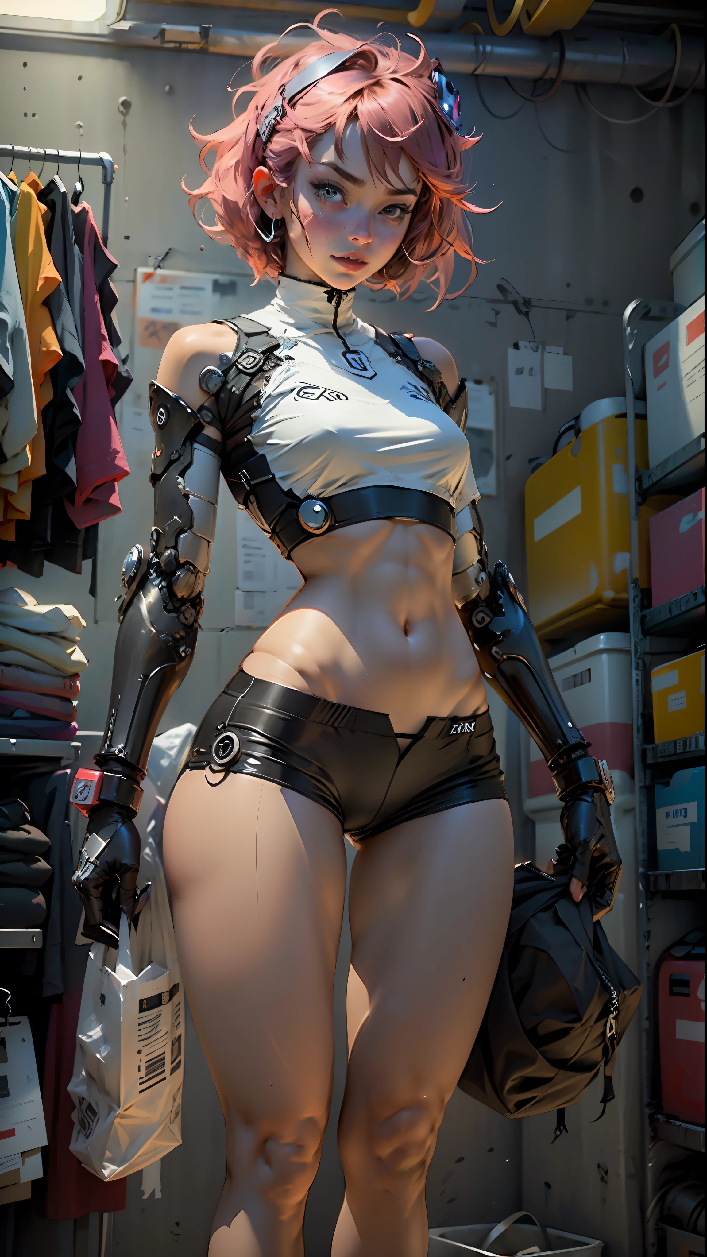 Woman body defined thick thighs cybernetic body parts, short underwear