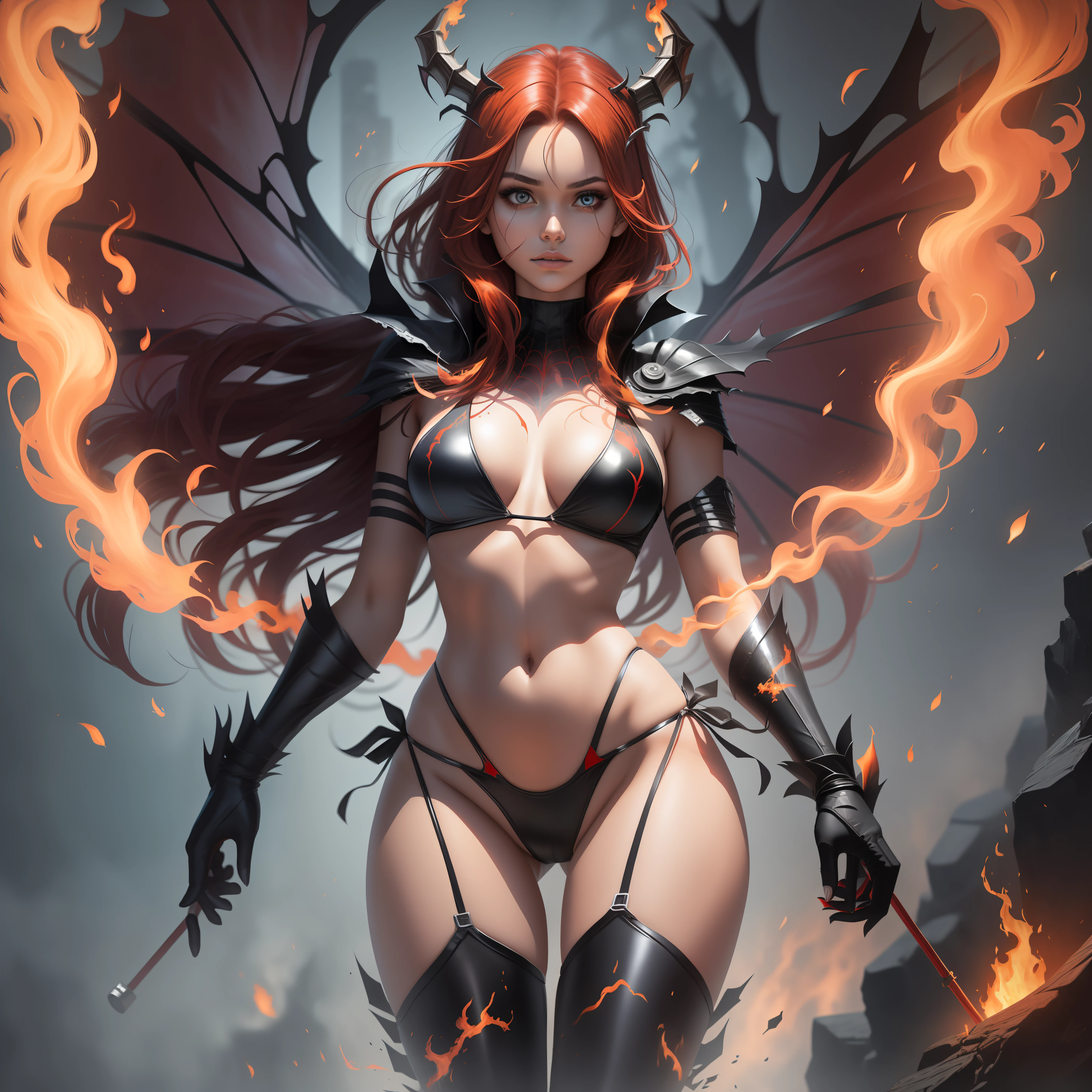 Hot Sexy Spider girl Wear damage Bikini with fire background , Full Body