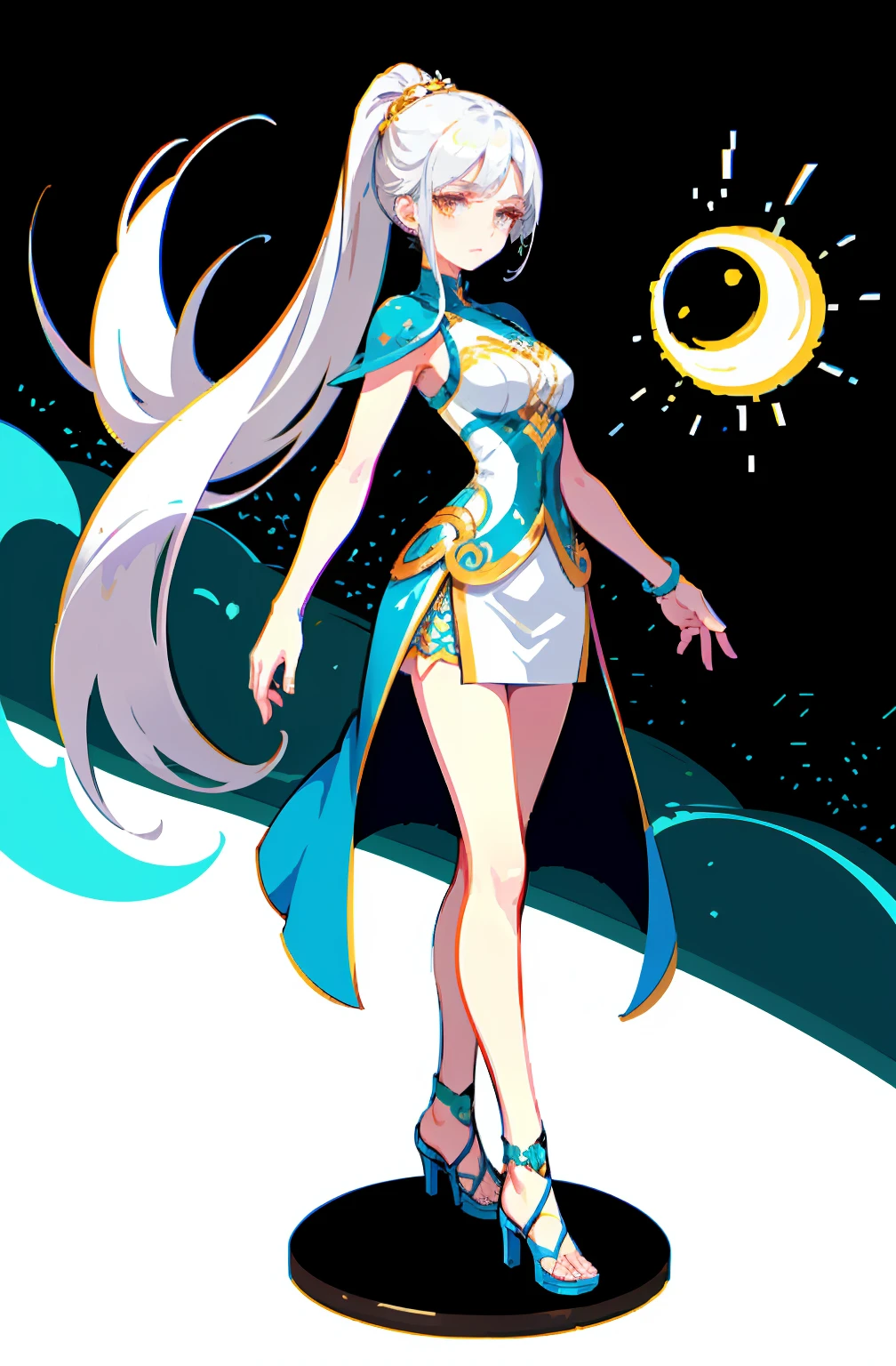 offcial art,品质最佳,finedetail,close-up all over the body,A beautiful white girl,wearing a white skirt,Long white hair shawl,hair flowing,Very long ponytail,Manners are elegant,With a faint sad expression on his face,Floating in the air,Perfect figure。