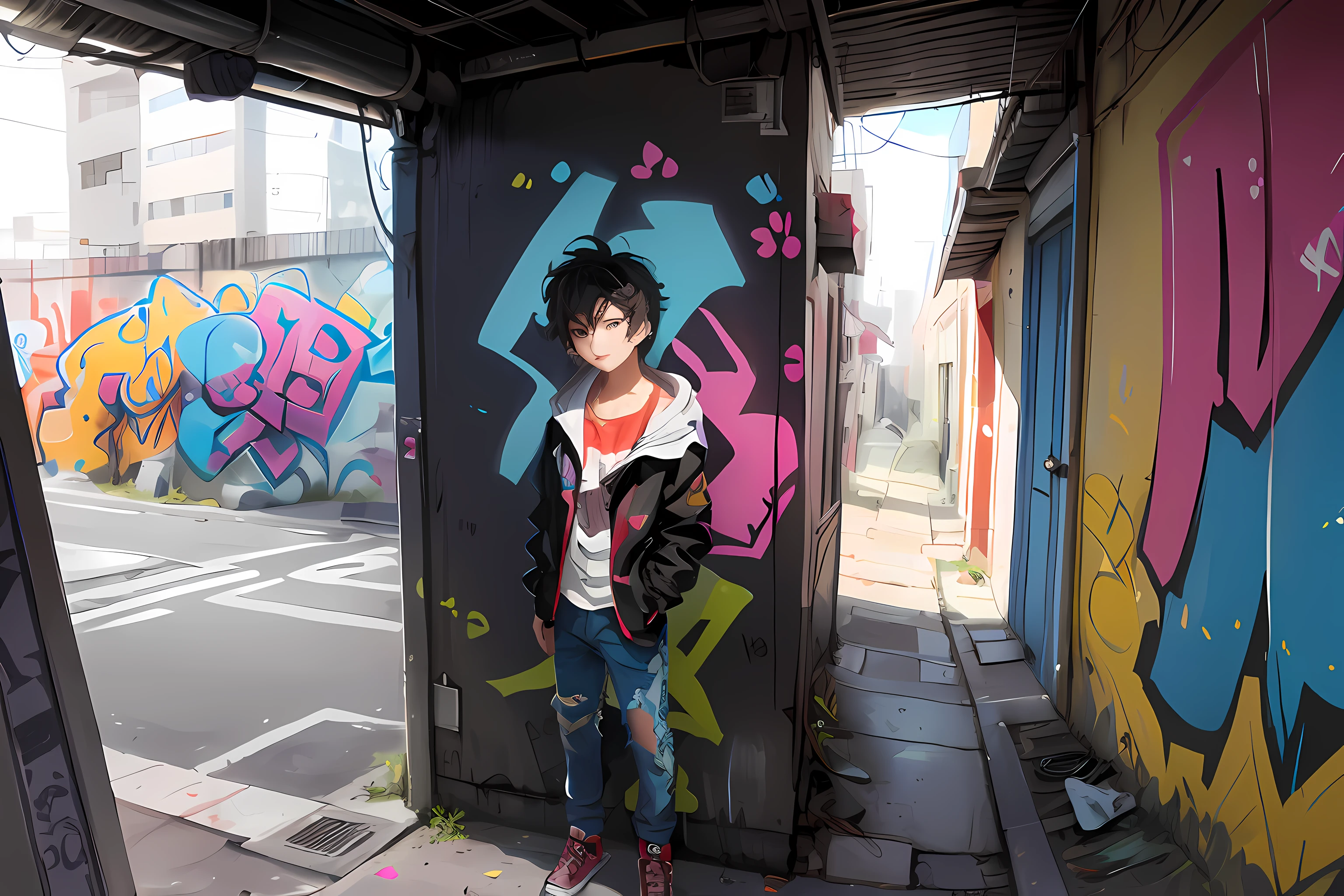 tmasterpiece,best qualtiy,Mysterious Street,The huge walls are covered with colorful artistic graffiti,Art extends to the end of the street,Amazing work,Splashing colors,Bad boy with messy hair,big headphone,The boy stands in the lower right corner of the wall,Play cool in front of the camera,Wear a trench coat and worn-out jeans,Covered in paint,looks into camera,Perspective angle,depth of fields,The panorama focuses on the graffiti wall。