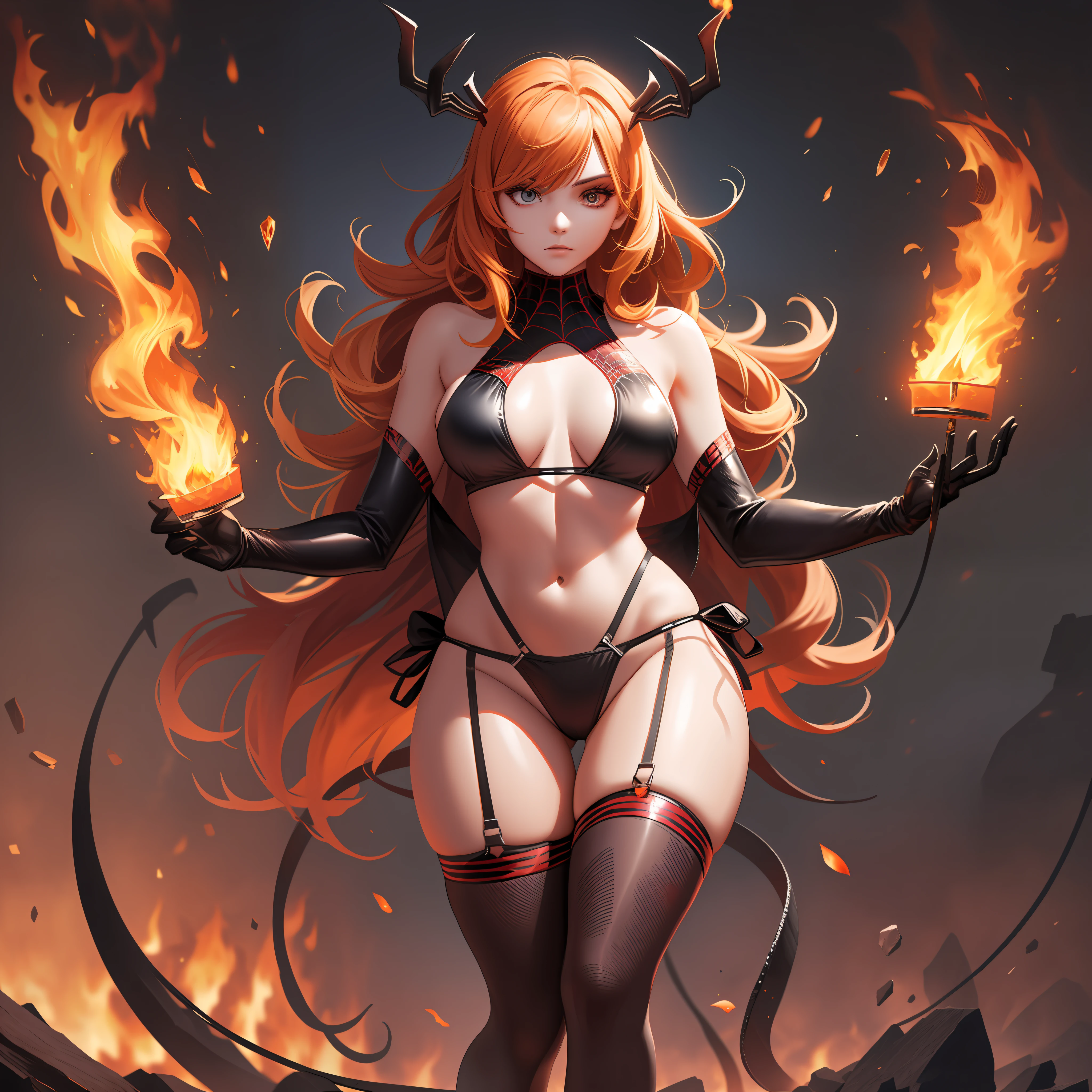 Hot Sexy Spider girl Wear damage Bikini with fire background , Full Body