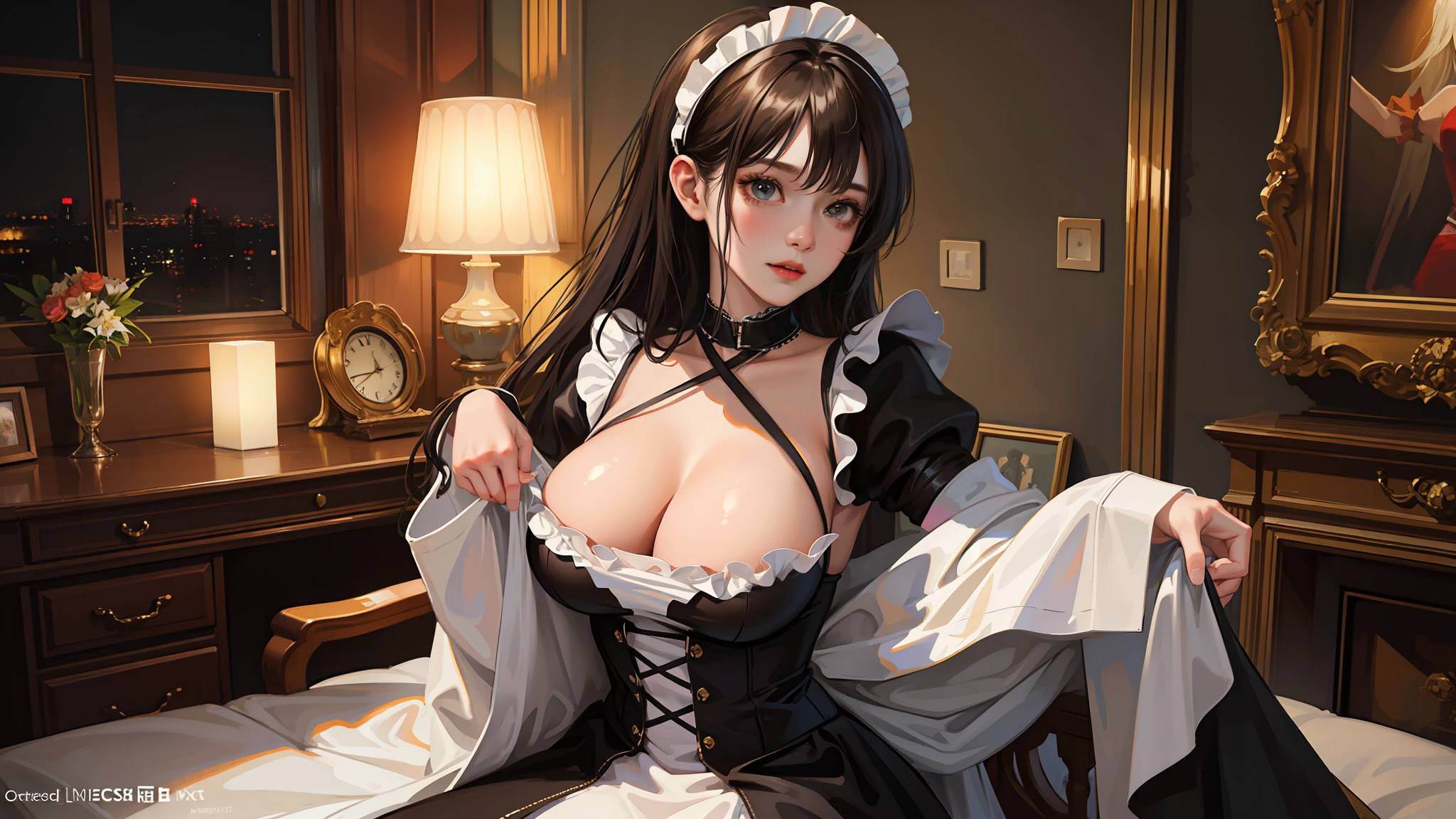 ​masterpiece, top-quality, 超A high resolution,(photographrealistic:1.4),((1girl in)), The upper part of the body, Close-up of a face shot, big eye, Colossal tits, cleavage of the breast, Maid costume with a lot of frills, cute little, 年轻, the pose, looking at the viewers, cyberpunked, nightcity, criss-cross,A sexy,a room