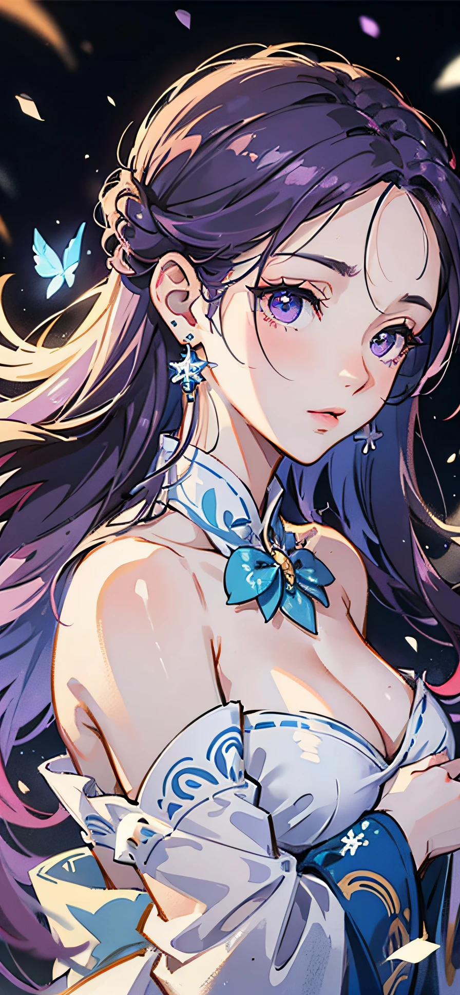 Official Art Illustration, Antique Beauty, Purple Eyes, Lilac Hair, Floating Hair, Delicate Eyes, White Chinese Style Costume, Gorgeous Accessories, Wearing Earrings, Sexy, FOV, F/1.8, Masterpiece, Outdoor Snow, Snowflakes, Blue Butterflies Flying, Side Light, Sunlight on People, 8K, Hazy, Close-up