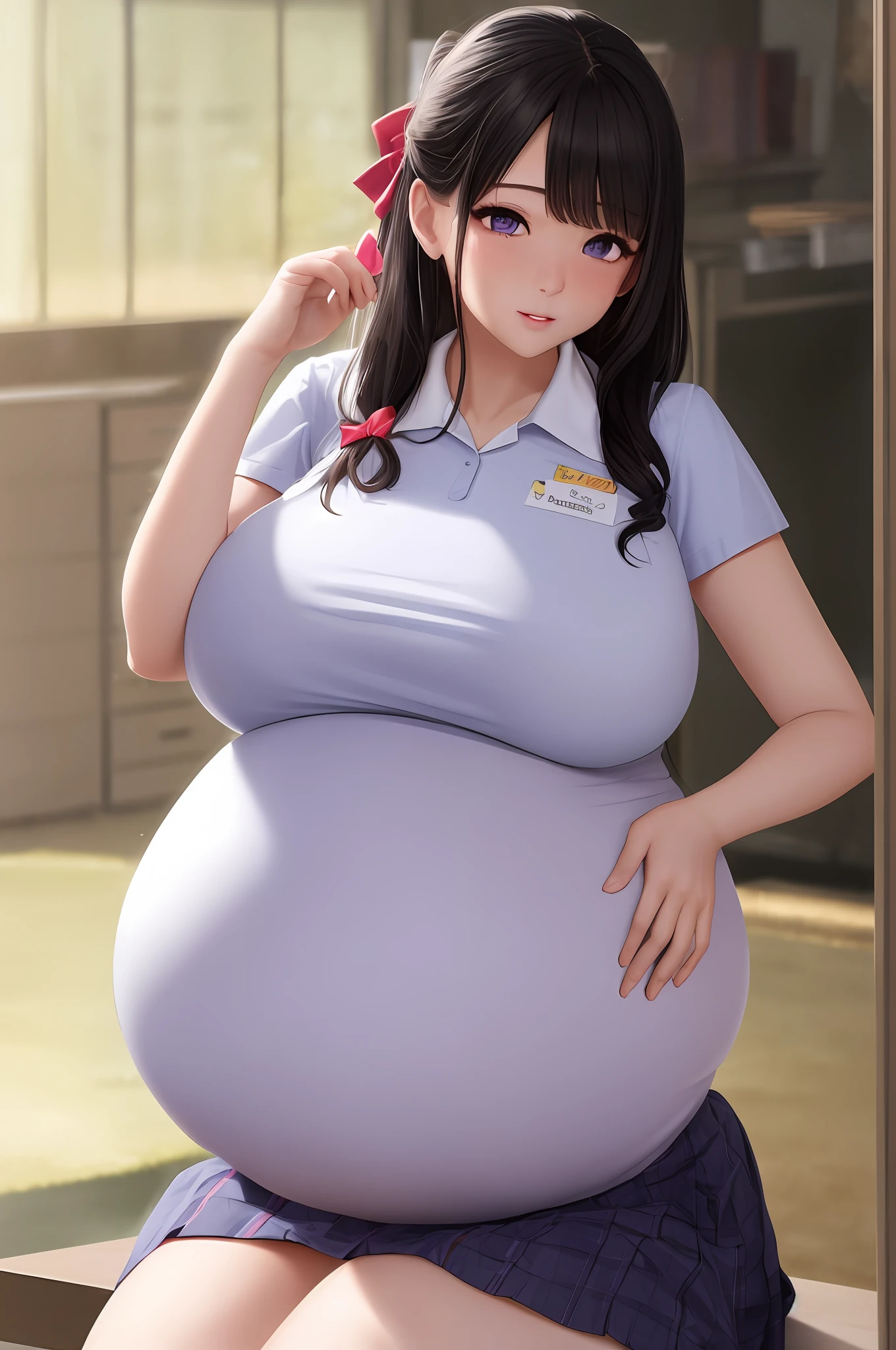 Hair Bow, black hair,Big Baby Bump pregnant, school uniform, Big boobs, nipple, cum,16 years girl, Big pregnant Belly, Big Pregnant girl, Largest Belly of Pregnant, Huge 9 months Pregnancy Pregnancy Belly, purple eyes, Hugest pregnancy belly