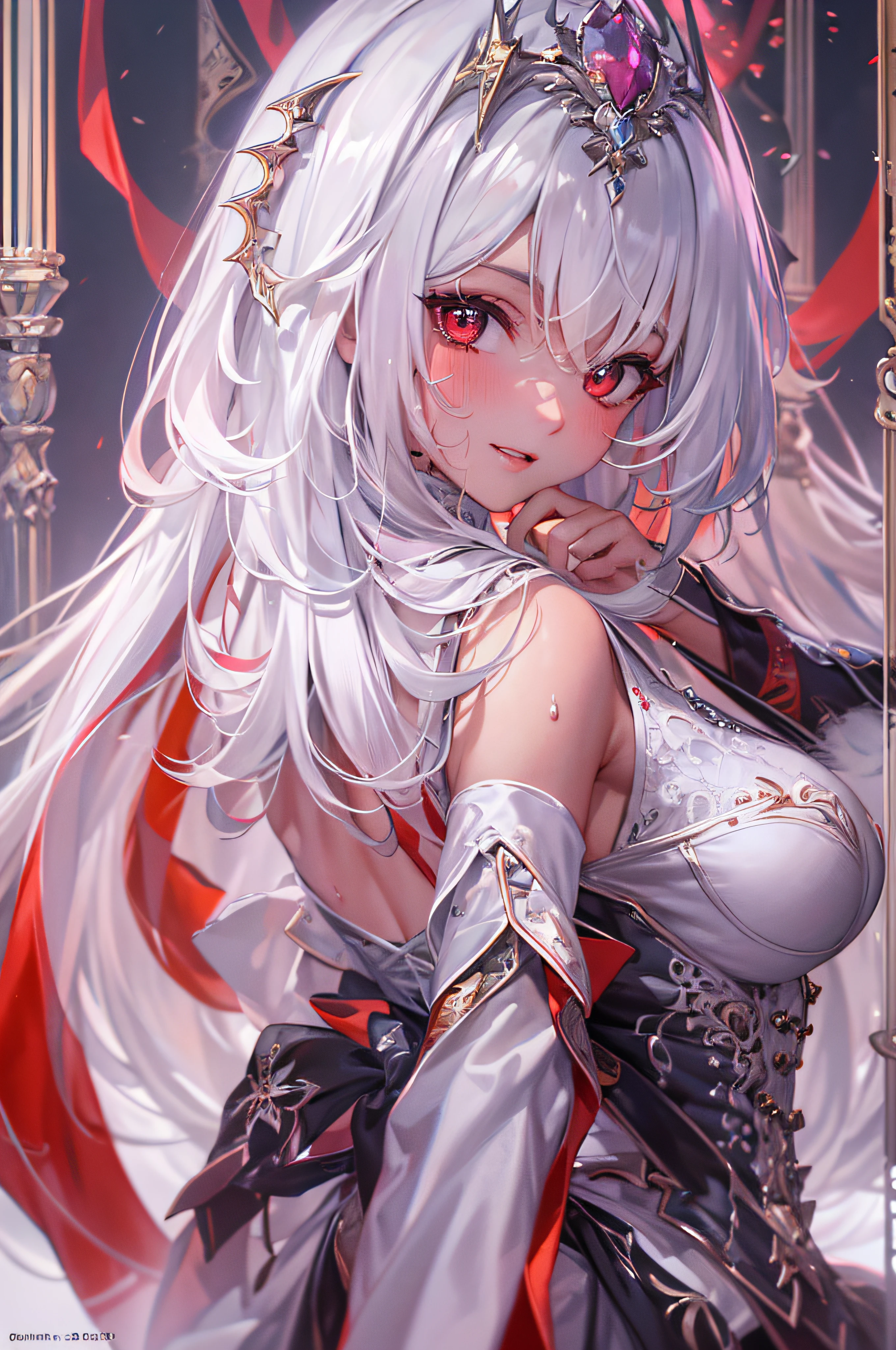 (masterpiece, top quality, best quality, official art, beautiful and aesthetic:1.2), (1girl:1.3), (fractal art:1.3),absurd, masterpiece, best quality, realistic, hyper-detailed, (shiny skin, sweaty:1.4), looking at viewer, slender, 1girl, solo, white sneakers, white miniskirt, straight long hair, princess cut, white hair, red eyes, (thick thighs:0.5), dynamic lighting, high resolution, sharp focus, depth of field, medium breasts, side boob, vampire, masterpiece, best quality, ultra-detailed, illustration, ultra-detailed face, best quality face, evil, 18 years old, adult, 1girl, 18 years old, white hair, alchemy outfit, intricate detailed outfit, sexy pose, glowing red dress, cute, kawaii, digital art, finely detailed eyes, blushing, red cheeks