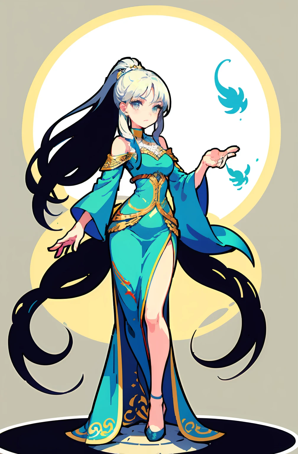 offcial art，品质最佳，finedetail，close-up all over the body，A beautiful white girl，wearing a white skirt，Long white hair shawl，hair flowing，Very long ponytail，Manners are elegant，With a faint sad expression on his face，Floating in the air，Perfect figure。