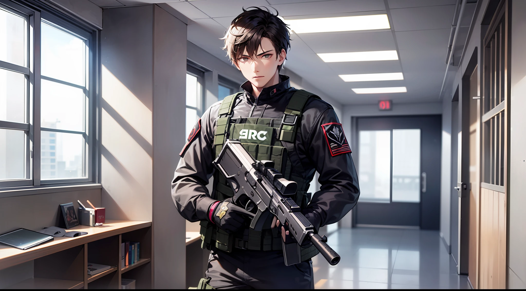 1 boy, attractive boy, handgun, in the dark office building, black clothes, special operations, special force, cinematic action, dynamic entry, looking enemy