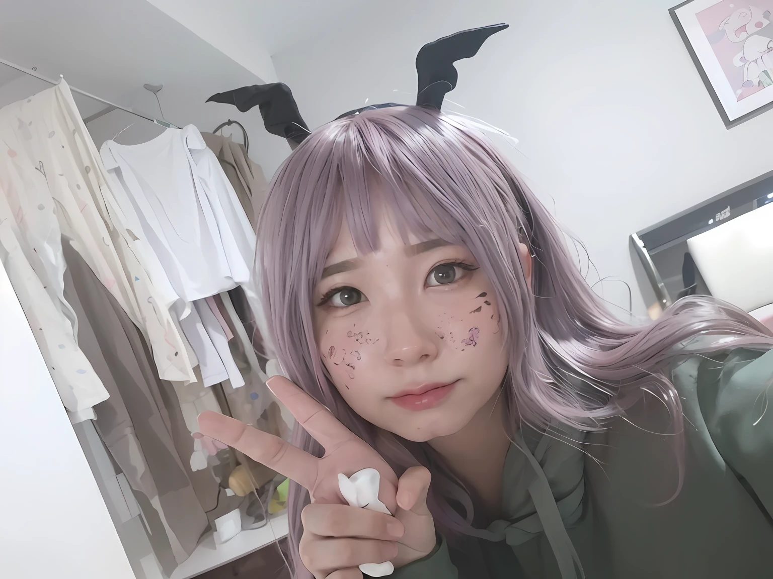 There is a woman with pink-purple hair and a green sweatshirt, Anime cosplay, sakimichan, with big rabbit ears, lollipop, with bunny ears, nyaruko-san, ahegao, cosplay, Wolf ears