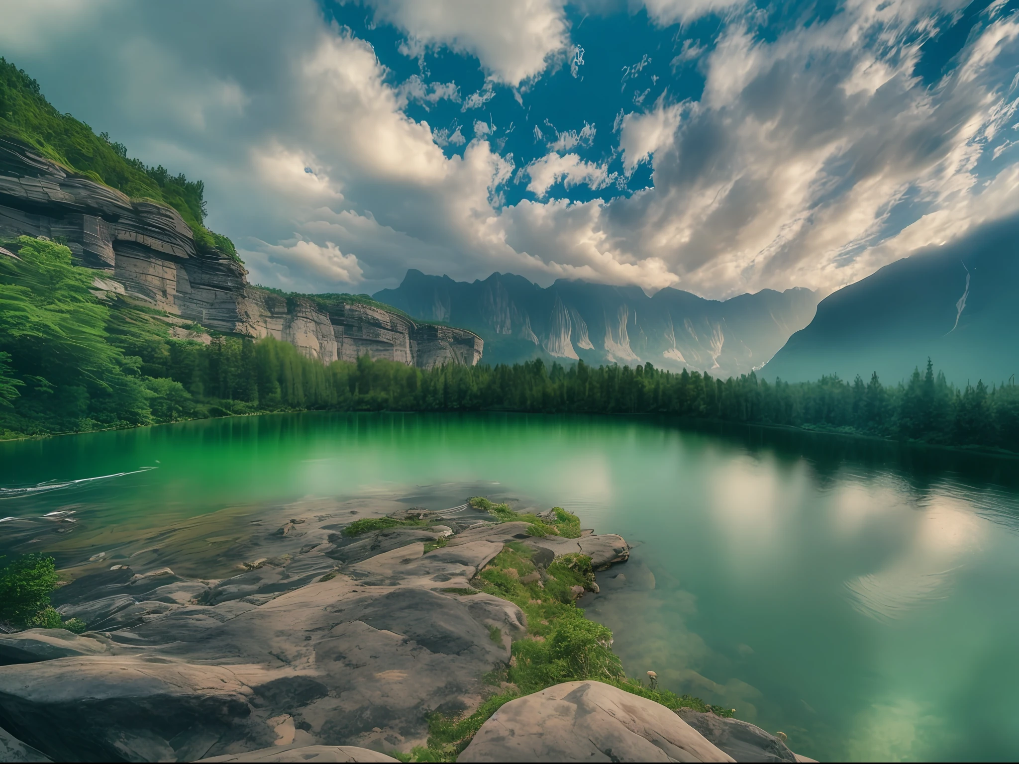 scenery, outdoor, sky, cloud, day, no humans, mountain, panorama, water, tree, blue sky, waterfall, cliff, nature, lake, river, cloudy sky