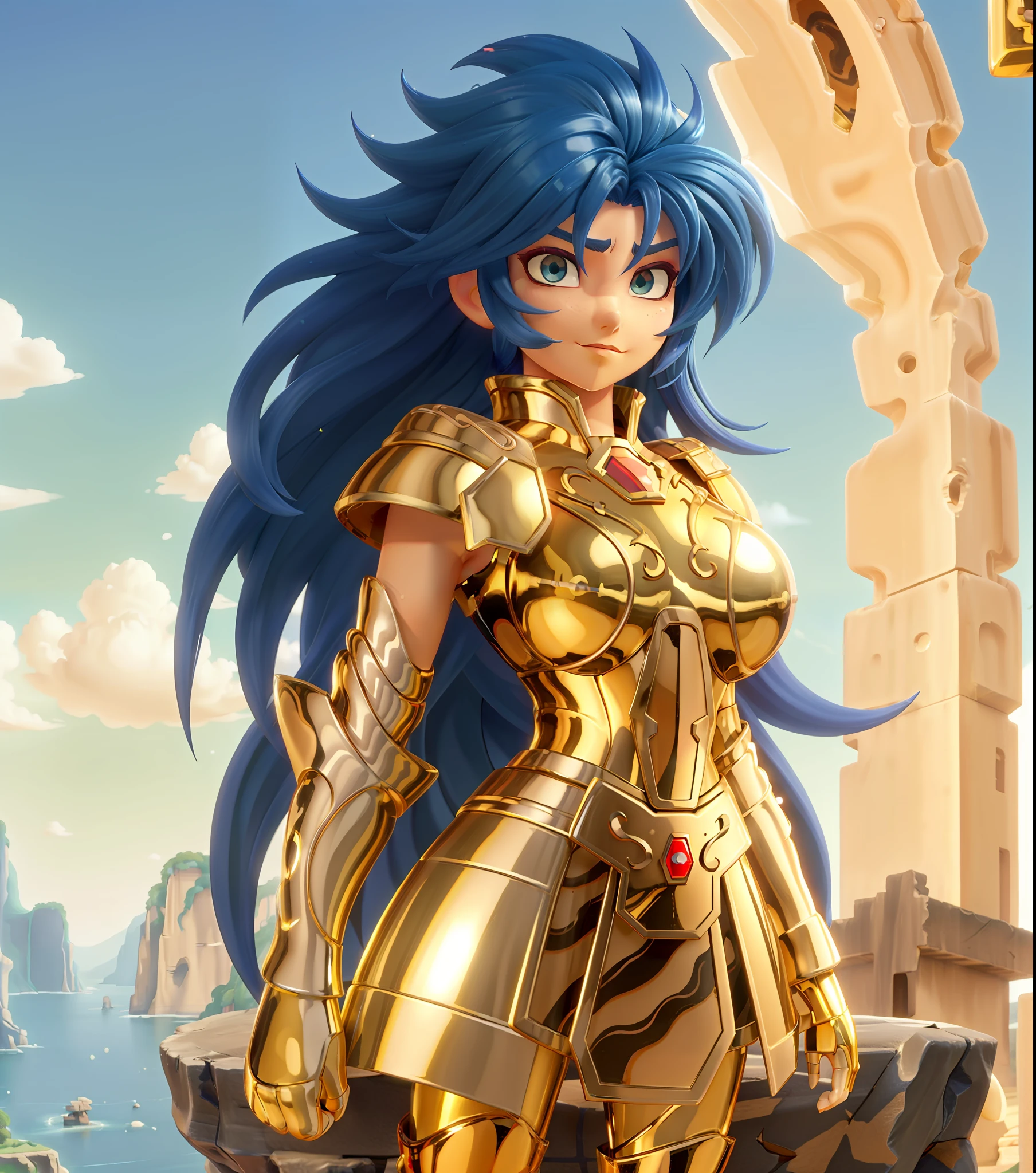 Ultra-high saturation（tmasterpiece）， fully body photo，（best qualtiy），（1girll），super wide shot， sface focus， Wearing golden Gemini armor，Beach cliff background，sexy armor，No underwear，Naked，Bling armor，Fine fine skin，Plump breasts，Expose your chest，Expose the waistline，Exposing thighs，cool-pose， Saint Seiya Armor， messy  hair，highly detailed realistic photograph of, (((cellshading))), god light, super sharp focus, Ultra high quality, vibrant, (extremely giant breasts:1.7), (Bare breasts:1.4), , Long hair, (Shiny skin:1.4), shiny lip, Very big ass, Symmetrical detail surfaces, shades, Sexy, Masterpiece，Ultra-high saturation，hight contrast，High-gloss armor，Smooth skin，Grim expression，dark-blue hair