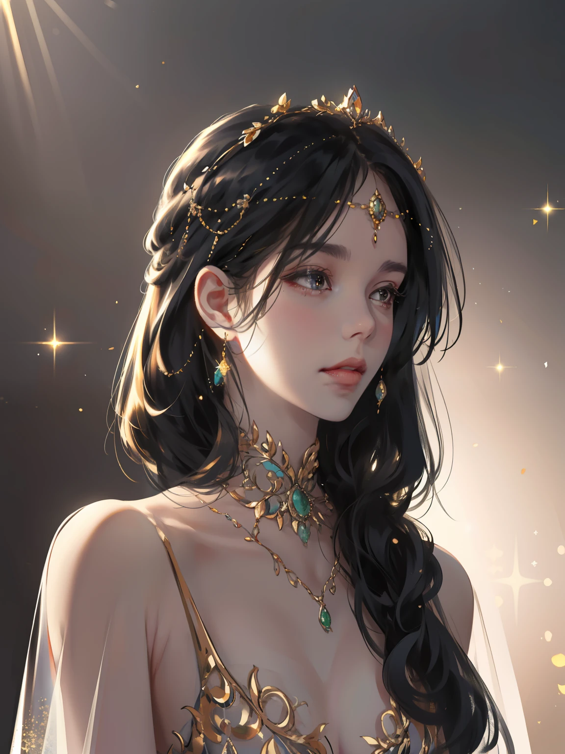 tmasterpiece，best qualtiy，Beauty portrait,Intricate dresses,haughty,Black eyes,photorealisti,tmasterpiece,Silk dress,intricate headpiece，ventania,fanciful，From artstation，Glitter jewelry，glarelight，Irridescent color，globalillumination，Real hair movement，realistic raytraicing，realistic shaded，side looking，（（ssee-through））、softlighting、Dreamlight、perfect  eyes、Background 4K、high detal、Gold and precious stones