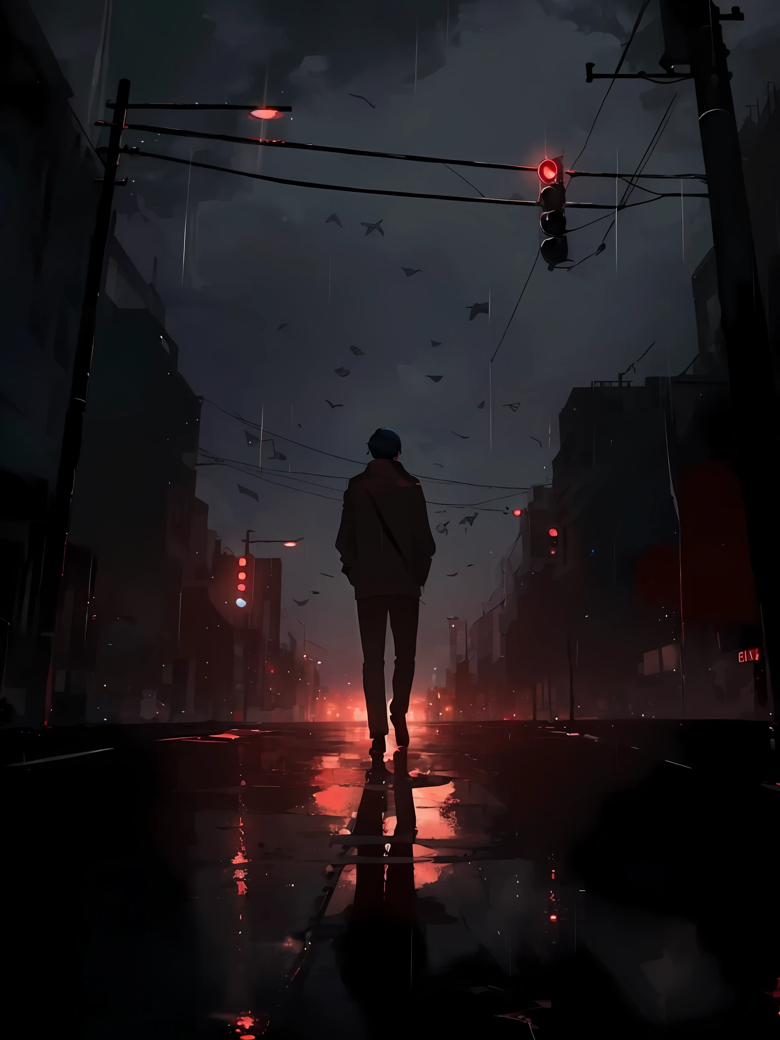 There was a man walking down the street at night when it rained, author：Alena Enemi, inspired by Liam Wong, Guviz-style artwork, Beautiful and cinematic lighting, Anime art wallpaper 4k, Anime art wallpaper 4 K, Artistic. Alena Ainami, gloomy cinematic lighting, 4K anime wallpaper, anime atmospheric