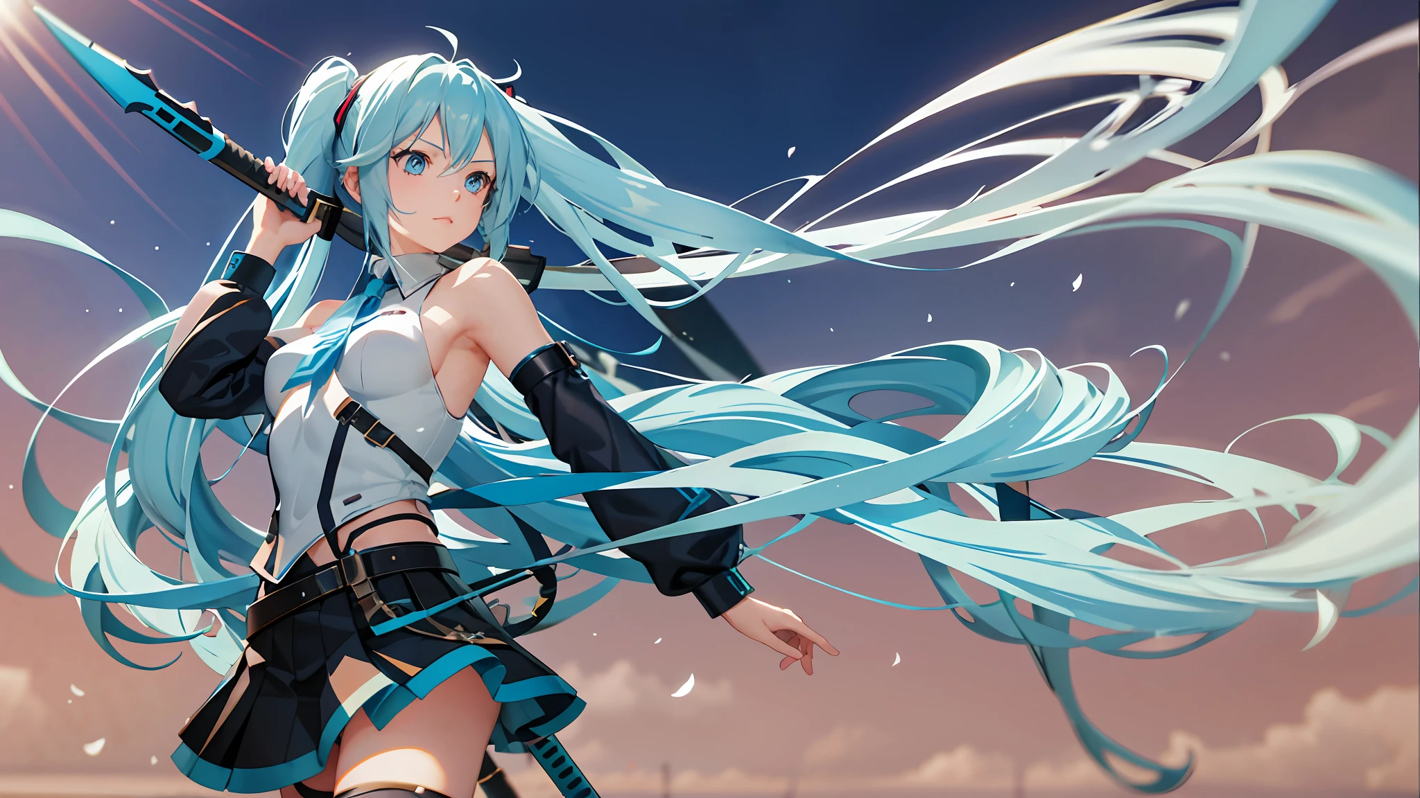 Anime girl with long hair and blue eyes holding a long sword,Longsword 3D style 4K on black background, 3D art wallpaper 8 K, Best 3D 4k , Portrait of Hatsune Miku, hd artwork, hatsune miku portrait, mikudayo, Steel clothing,big breast beauty,Big breasts reveal the figure,