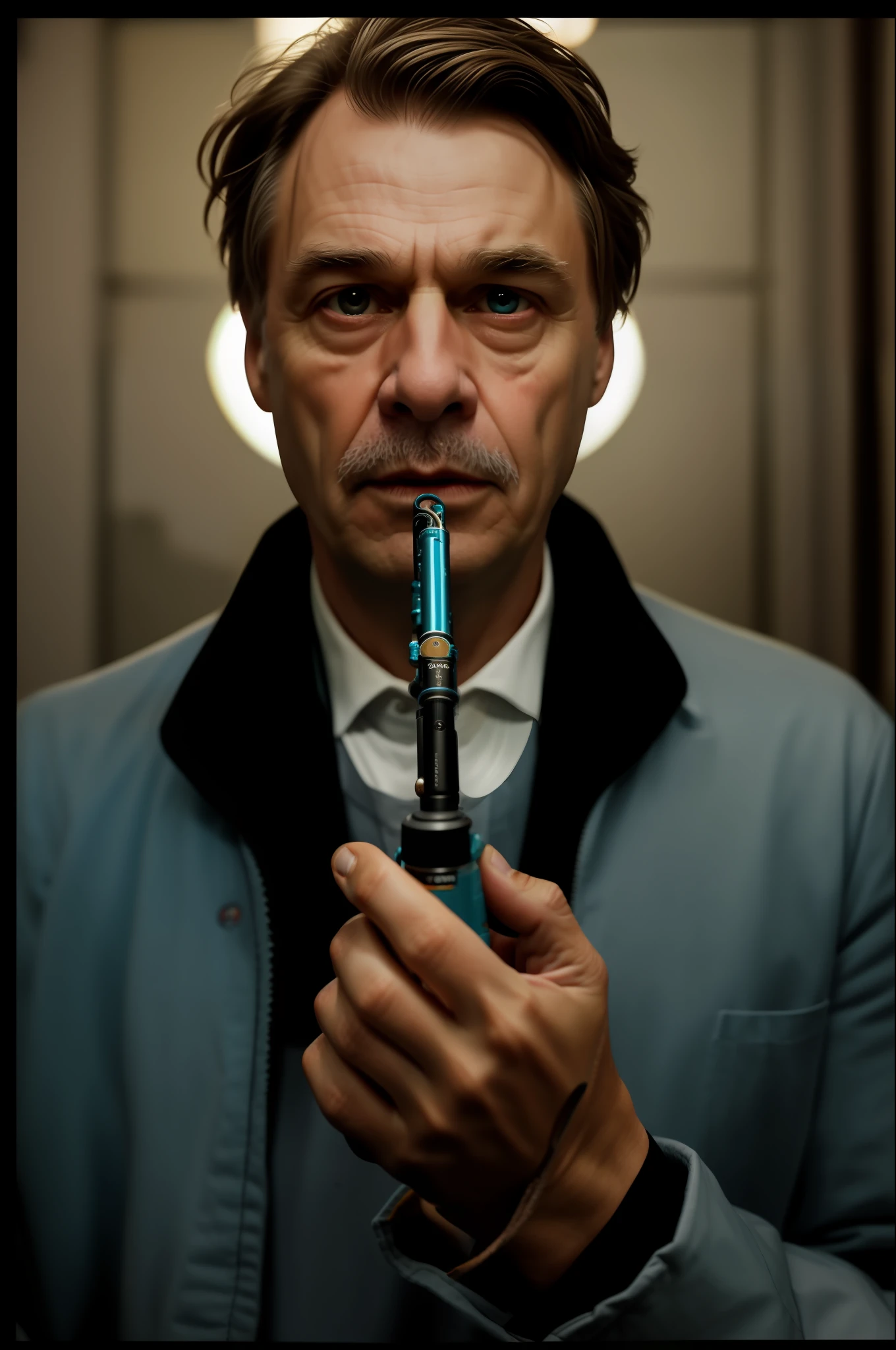 1oldman, holding pipe in hand, looking at the canera, circular iris, circular pupils, highly dramatic, highest details, raw cinematic still, filmed on Sony A7iii, 50mm, f/2.8, ISO 800, Filmed by Christopher Nolan, Film photography, red yellow black, professional color grading