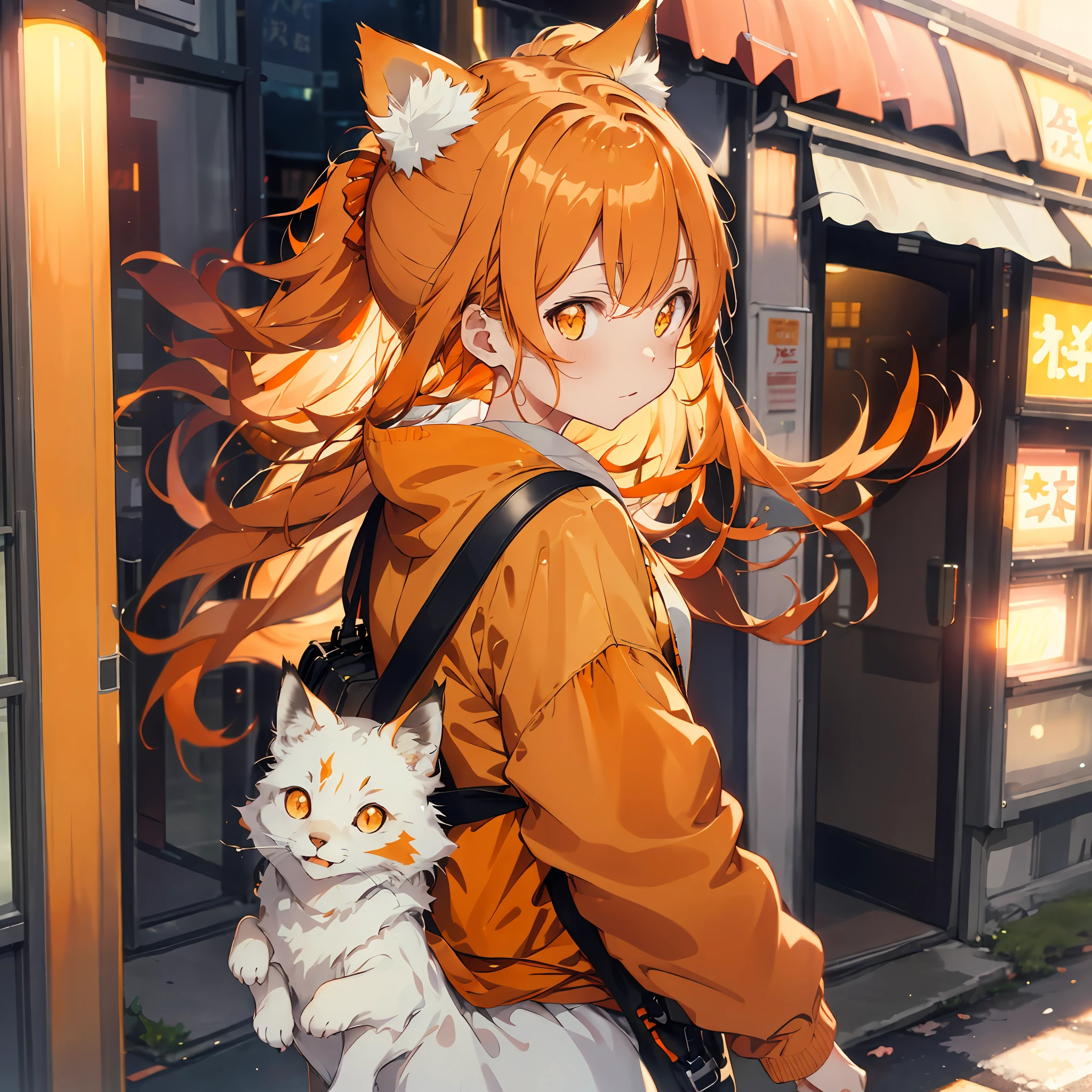Kizi,Cat ears,Wear a pale orange-yellow coat,Light orange bag,Orange eyes,Pastel tones,Soft lighting,aquarelle,long whitr hair,walking at street,red fox,vehicles, Anime style. 8K,