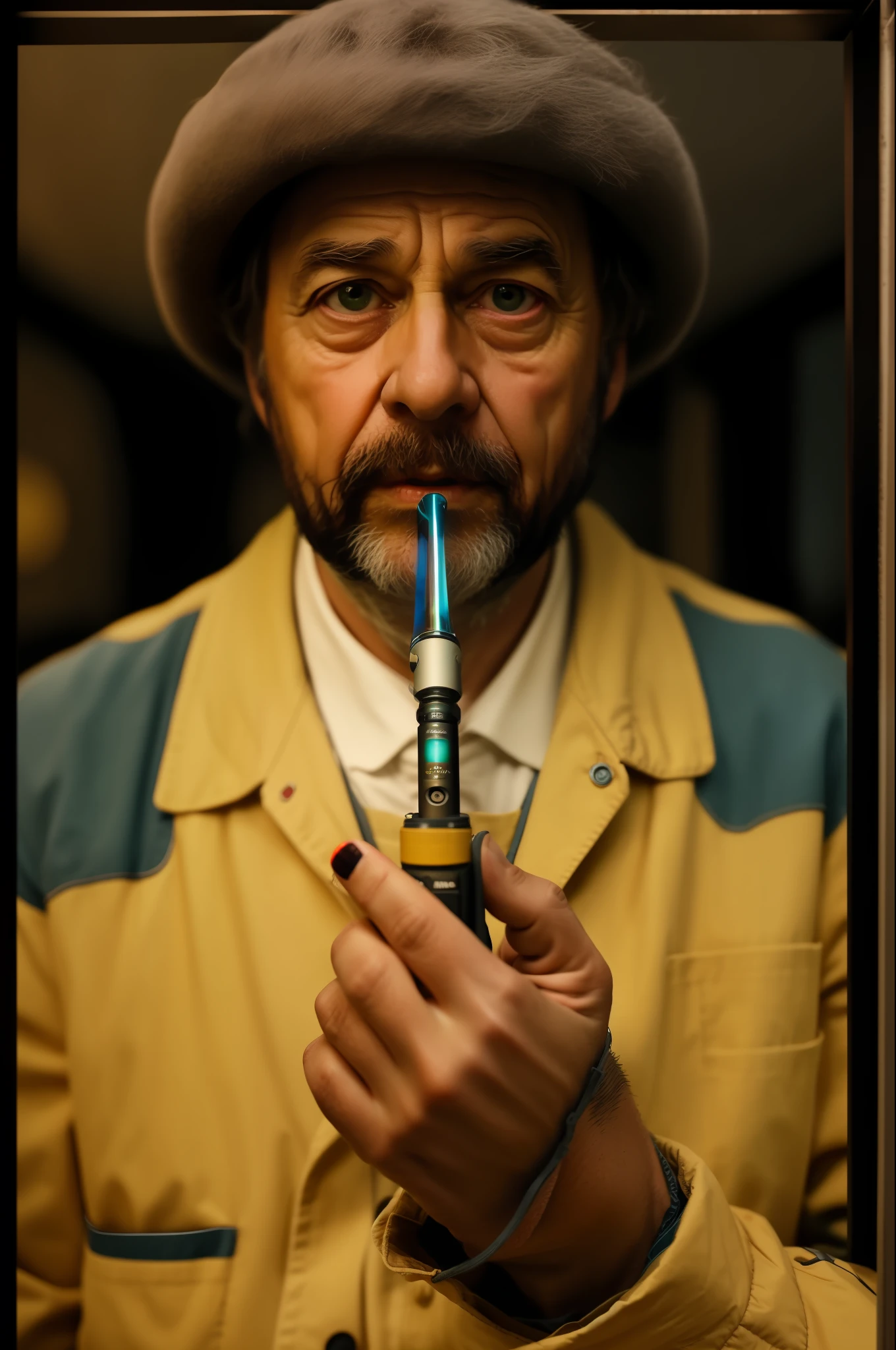 1oldman, holding pipe in hand, looking at the canera, circular iris, circular pupils, highly dramatic, highest details, raw cinematic still, filmed on Sony A7iii, 50mm, f/2.8, ISO 800, Filmed by Christopher Nolan, Film photography, red yellow black, professional color grading