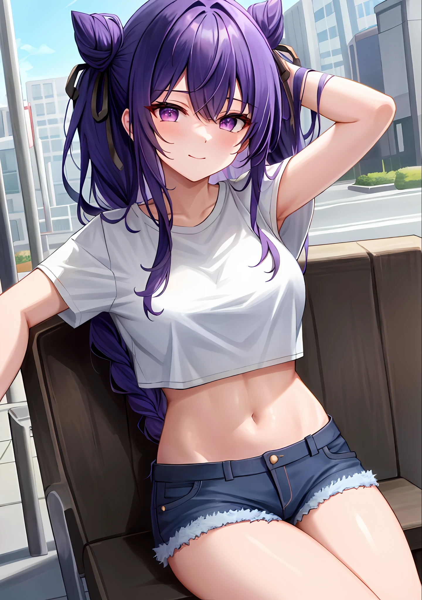 (masterpiece, best quality, ultra-detailed), keqing \(genshin impact\), (purple hair), cone hair bun, twin tails, long hair, swept bangs, braid, braided bangs, purple eyes, pink eyes,
(wearing a t-shirt:1.2), sitting on a chair outside of caf, embracing the natural beauty, sunlight, beautiful cloudy sky, city, street, denim shorts, black stocking,
medium breasts, thick thighs, critical angle, cowboy shot, arm behind head, arm behind back, armpits, light smile, crop top, strong and seductive expressions,,