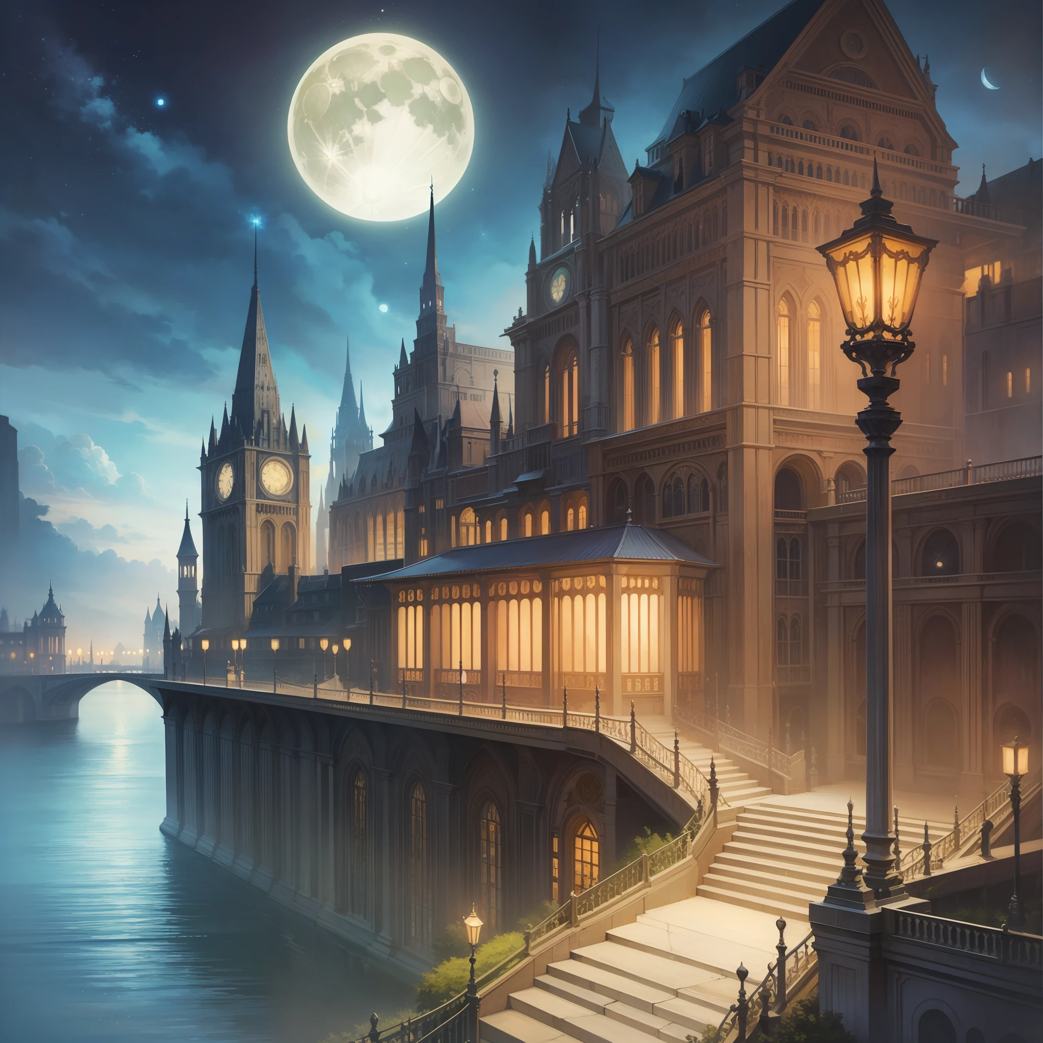 A painting of a river with stars and moon in the sky, concept art inspired by Tosa Mitsuoki, pixiv contest winner, best quality, fantasy art, beautiful anime scene, a bright moon, moonlit starry environment, dream painting, Anime Background Art, Fantasy Landscape Art, Fantasy Night, Anime Background, Background Artwork, Fantastic Art, Atmospheric Anime, Starry Sky, Detail Enhanced.