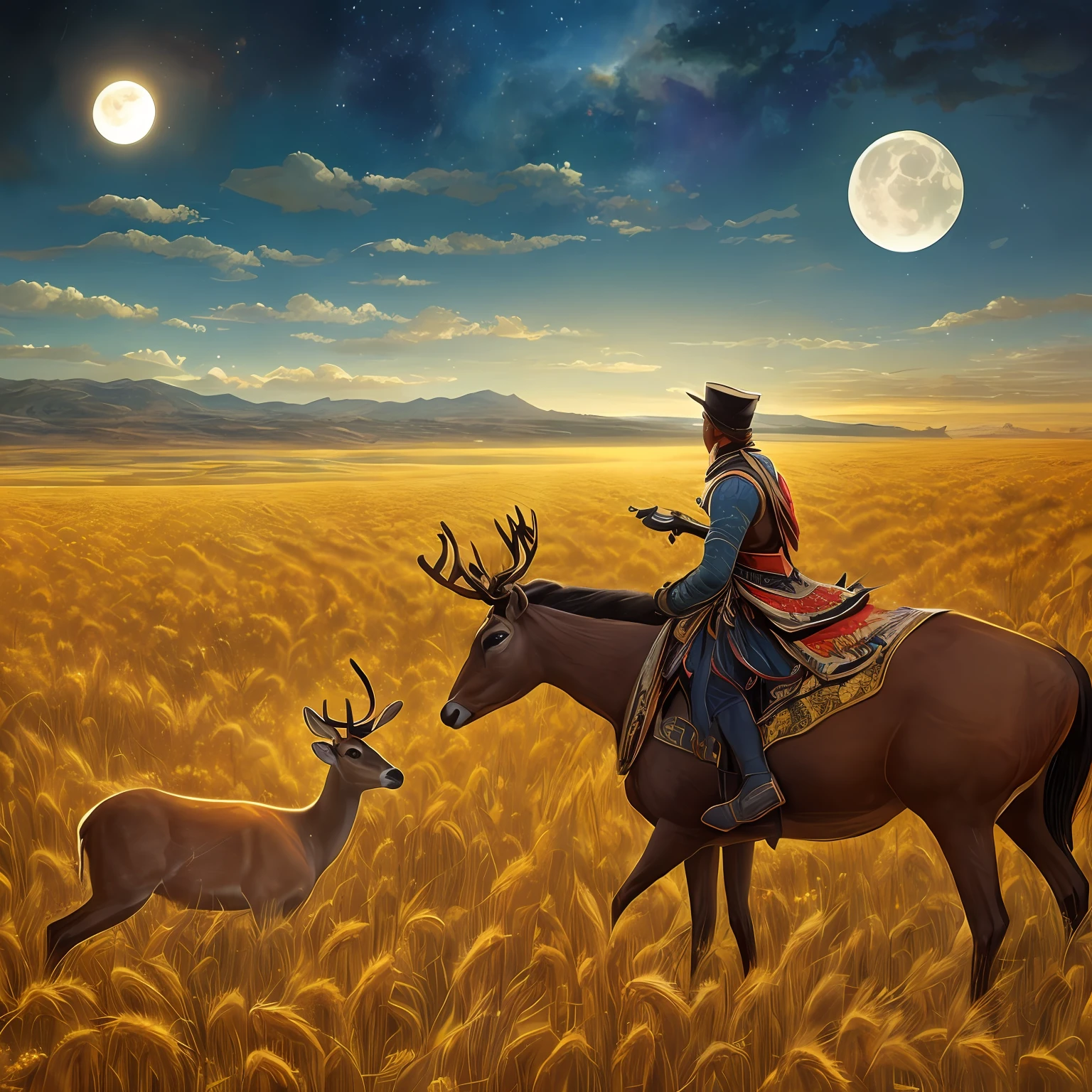 A man riding a deer in a field of wheat with small flowers, the moon and the sea A man dancing in a wheat field with small red and yellow roses with perfect symmetrical faces, Indigenous feather jewelry, Traditional handmade dress, warrior hunter armed, (((Far West))) environnement, Utah landscape, ultra realist, Art conceptuel, elegant, ((complexe)), ((highly detailed)), profondeur de champ, ((professionally colorful)), soft ambient lighting, twilight, 8k, dessin par Artgerm et Greg Rutkowski et Alphonse Mucha --auto