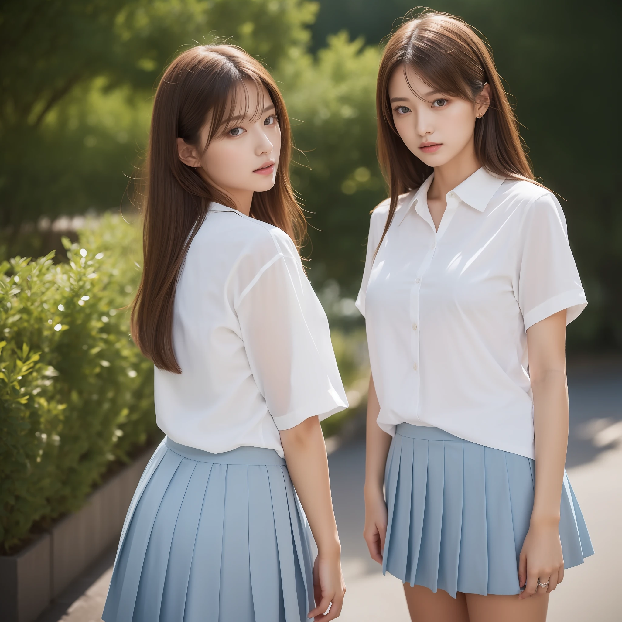 high-level image quality、8K、Beautuful Women、white  shirt、Light blue skirt、校服、The whole body is shown、Brown hair、dual、独奏