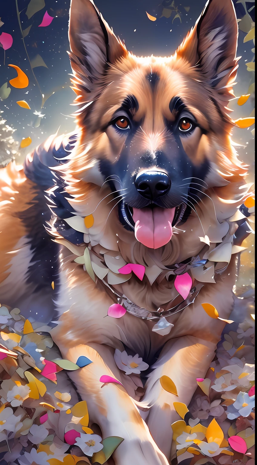 german shepherd dog,( watercolor \(medium\), IrisCompiet:1.2),abstract background, fantasy, many colors, colorful, flower petals, wind blowing,masterpiece, best quality, (extremely detailed CG unity 8k wallpaper), (best quality), (best illustration), (best shadow), absurdres, realistic lighting, (Abyss), beautiful detailed glow,clear face, clean white background, masterpiece, super detail, epic composition, ultra HD, high quality, extremely detailed, official art, uniform 8k wallpaper, super detail, 32k -- v 6