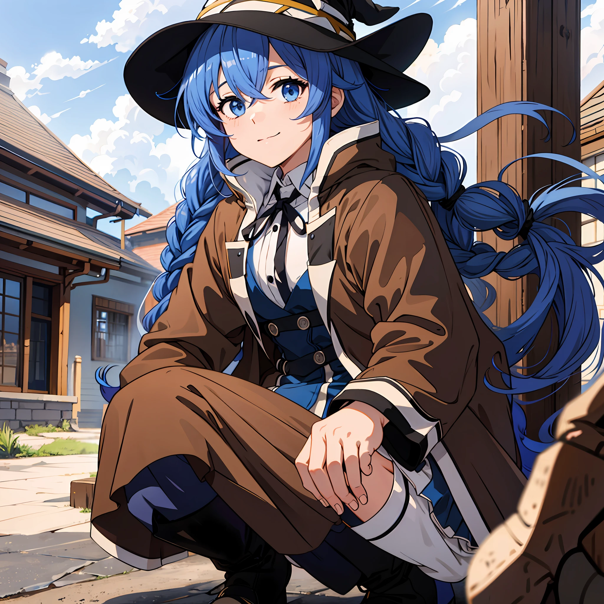 1girl in, Roxy Migurdia, Witch Hat, Blue eyes, Blue hair, twin braids, Twin-tailed, (Brown coat:1.1), Cape, robe, braided ponytails, knee boots, Witch, Holding, , Black socks, Hair Ribbon, bow ribbon, Looking at Viewer, sox, Smile, Closed mouth, plein air, Sun,, (masutepiece:1.2), hight resolution, Best Quality, 8K, Very Very Clear(((,crouching down　Panchira)))++