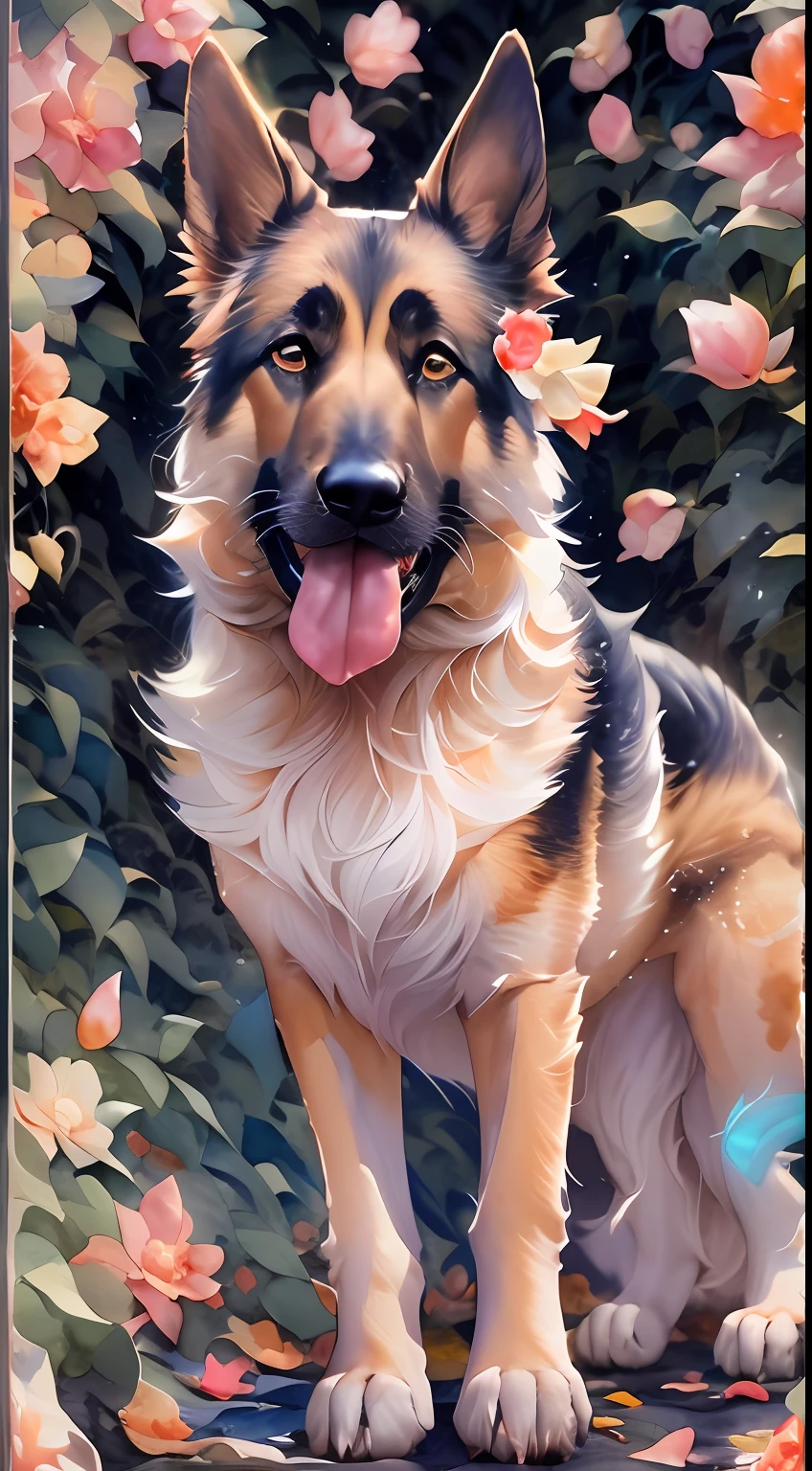 german shepherd dog,( watercolor \(medium\), IrisCompiet:1.2),abstract background, fantasy, many colors, colorful, flower petals, wind blowing,masterpiece, best quality, (extremely detailed CG unity 8k wallpaper), (best quality), (best illustration), (best shadow), absurdres, realistic lighting, (Abyss), beautiful detailed glow,clear face, clean white background, masterpiece, super detail, epic composition, ultra HD, high quality, extremely detailed, official art, uniform 8k wallpaper, super detail, 32k -- v 6