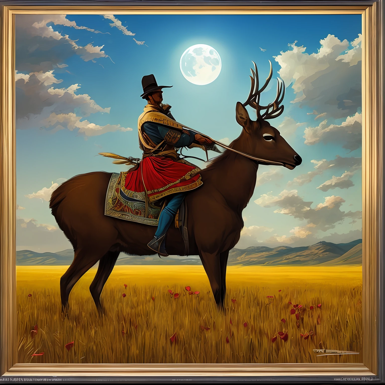A man riding a deer in a field of wheat with small flowers, the moon and the sea A man dancing in a wheat field with small red and yellow roses with perfect symmetrical faces, Indigenous feather jewelry, Traditional handmade dress, warrior hunter armed, (((Far West))) environnement, Utah landscape, ultra realist, Art conceptuel, elegant, ((complexe)), ((highly detailed)), profondeur de champ, ((professionally colorful)), soft ambient lighting, twilight, 8k, dessin par Artgerm et Greg Rutkowski et Alphonse Mucha --auto