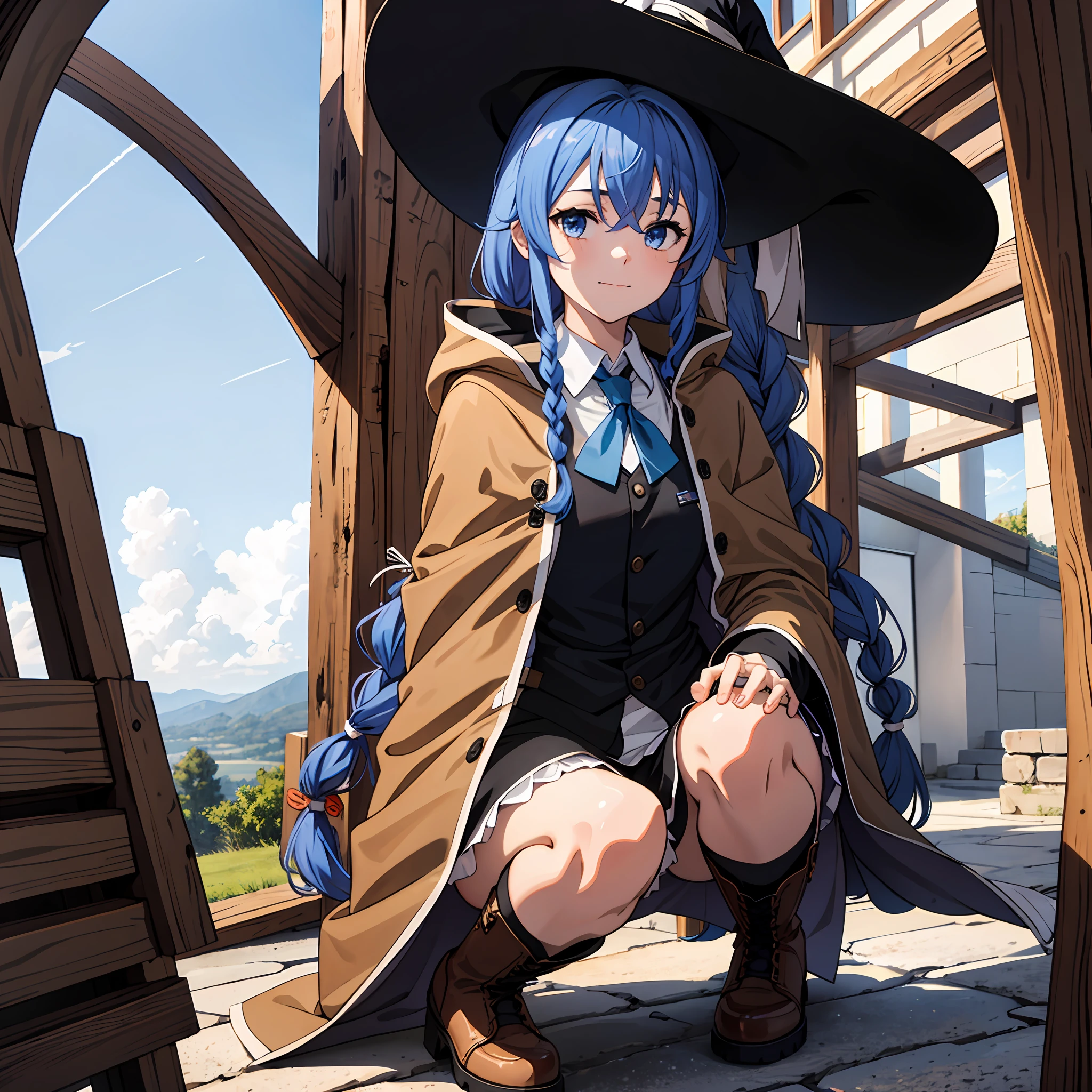 1girl in, Roxy Migurdia, Witch Hat, Blue eyes, Blue hair, twin braids, Twin-tailed, (Brown coat:1.1), Cape, robe, braided ponytails, knee boots, Witch, Holding, , Black socks, Hair Ribbon, bow ribbon, Looking at Viewer, sox, Smile, Closed mouth, plein air, Sun,, (masutepiece:1.2), hight resolution, Best Quality, 8K, Very Very Clear(((,crouching down　Panchira)))++　View from below