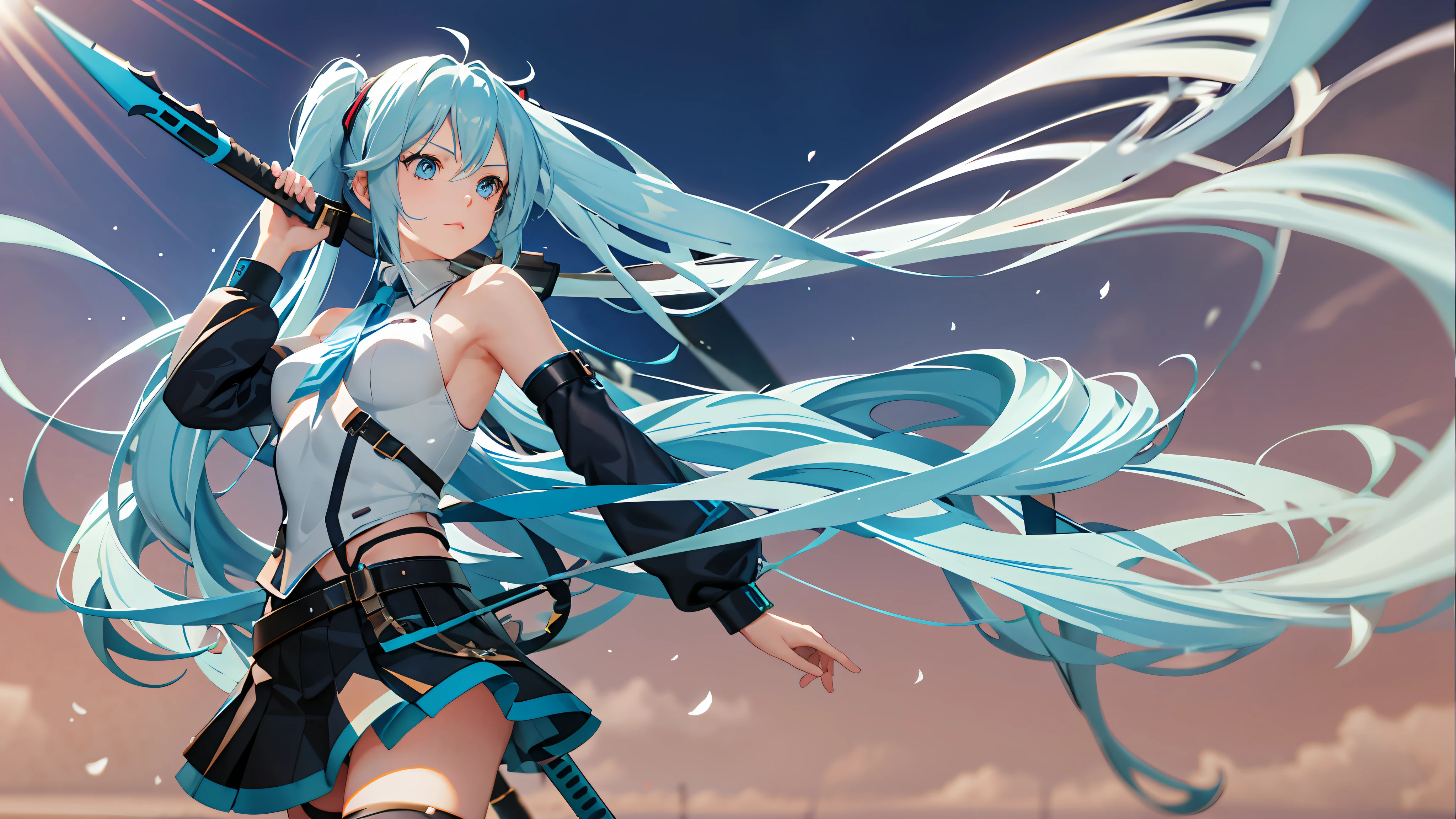 Anime girl with long hair and blue eyes holding a long sword,Longsword 3D style 4K on black background, 3D art wallpaper 8 K, Best 3D 4k , Portrait of Hatsune Miku, hd artwork, hatsune miku portrait, mikudayo, Steel clothing,big breast beauty,Big breasts reveal the figure,