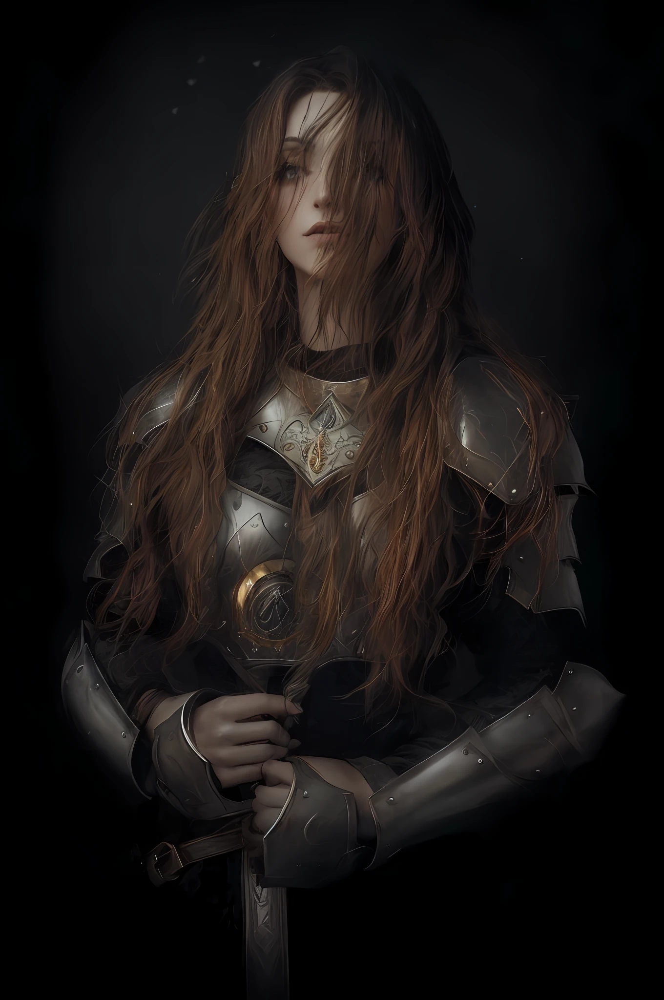 mulher ruiva, wearing Templar armor, com os olhos fechados