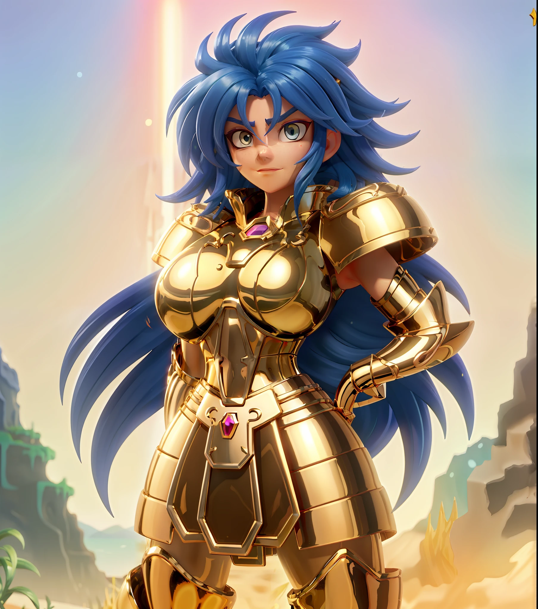 Ultra-high saturation(tmasterpiece), fully body photo,(best qualtiy),(1girll),super wide shot, sface focus, Wearing golden Gemini armor,Beach cliff background,sexy armor,No underwear,Naked,Bling armor,Fine fine skin,Plump breasts,Expose your chest,Expose the waistline,Exposing thighs,cool-pose, Saint Seiya Armor, messy hair,highly detailed realistic photograph of, (((cellshading))), god light, super sharp focus, Ultra high quality, vibrant, (extremely giant breasts:1.7), (Bare breasts:1.4), , Long hair, (Shiny skin:1.4), shiny lip, Very big ass, Symmetrical detail surfaces, shades, Sexy, Masterpiece,Ultra-high saturation,hight contrast,High-gloss armor,Smooth skin,Grim expression,dark-blue hair