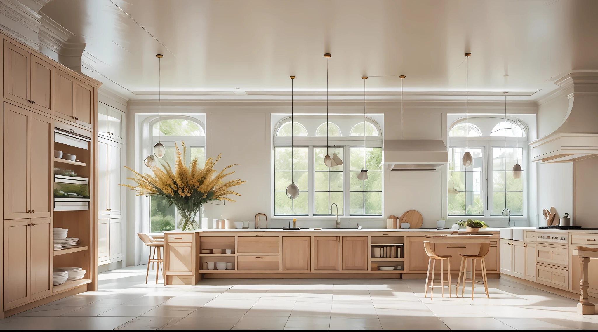 Minimalist kitchen，Flowers（1:0.1），sun's rays，an award winning masterpiece，Incredible details Large windows，highly  detailed，Harper's Bazaar art，fashion magazine，fluency，Clear focus，8K，rendering by octane，