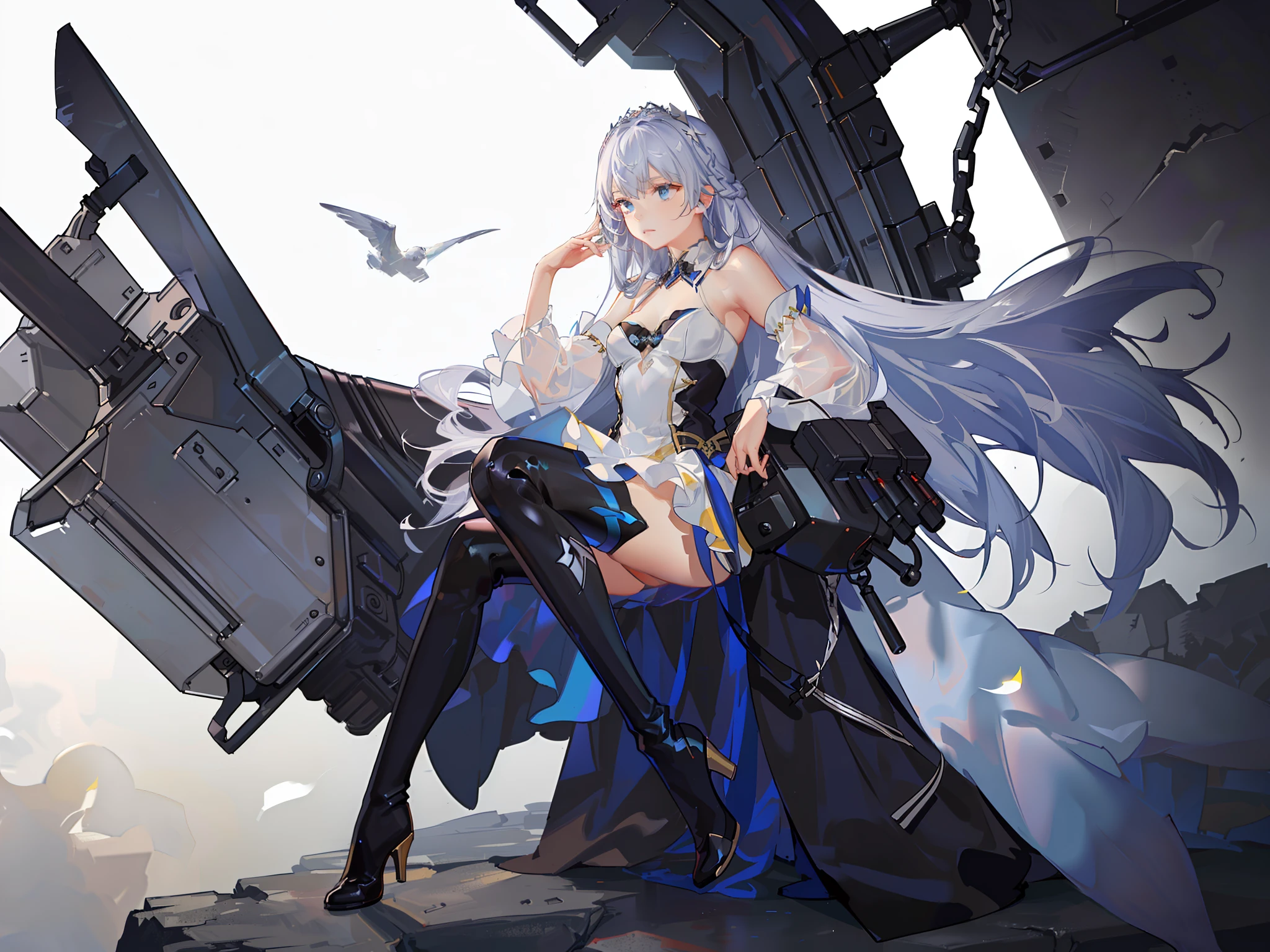 (hyper extreme detailed),(masterpeace),(hyper extreme),(photorealistic),CG,(colour:1.2), beautiful lighting,light from the front, solo,  Rodney,silber hair,long hair,multiple side braid, detached_sleeves,thigh_boots,detached_collar,white and blue dress,