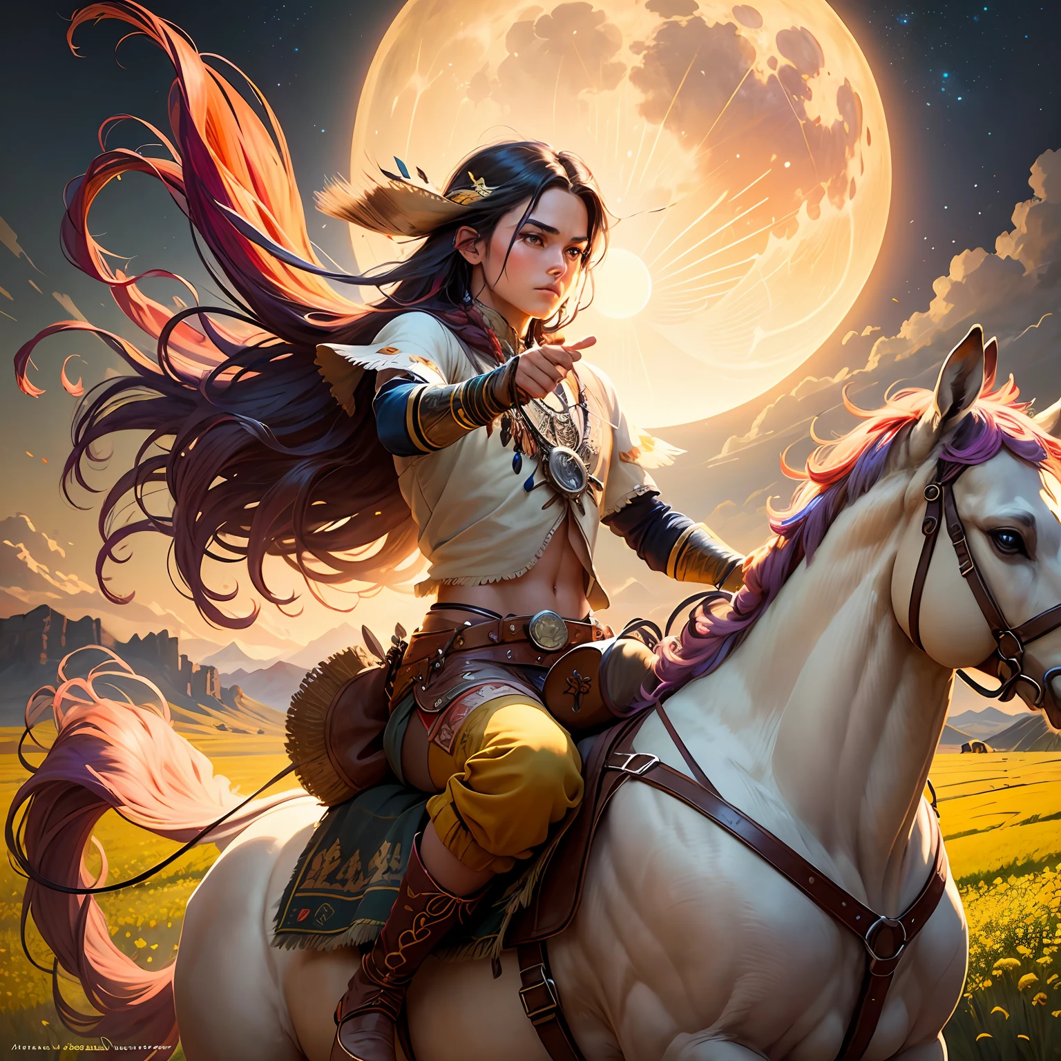 A man riding a deer in a field of wheat with small flowers, the moon and the sea A man dancing in a wheat field with small red and yellow roses with perfect symmetrical faces, Indigenous feather jewelry, Traditional handmade dress, warrior hunter armed, (((Far West))) environnement, Utah landscape, ultra realist, Art conceptuel, elegant, ((complexe)), ((highly detailed)), profondeur de champ, ((professionally colorful)), soft ambient lighting, twilight, 8k, dessin par Artgerm et Greg Rutkowski et Alphonse Mucha --auto