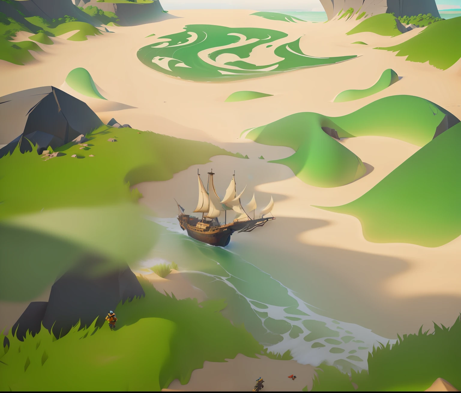 There is a cartoon scene picture of the beach, Stylized concept art, big tentacle sneak around, Stylized art, stylized as a 3d render, 《Sea of Thieves》a screenshot, stylized shading, stylised painting, epic coves crashing waves plants, 《Sea of Thieves》styled, in game graphic, stylized 3d render, Screenshot from《Fortnite》
