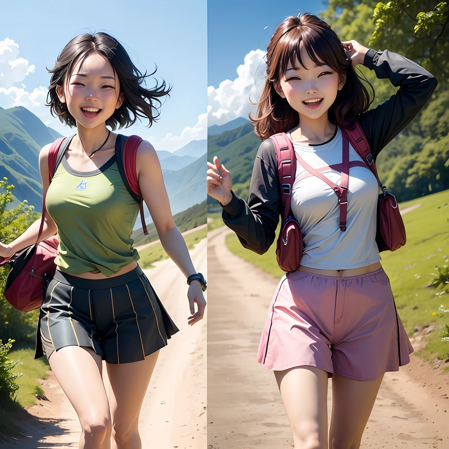 One is sunny、Scenic outdoor hiking scene，One is energetic、The confident and cheerful woman laughs very well with her partner。 --auto