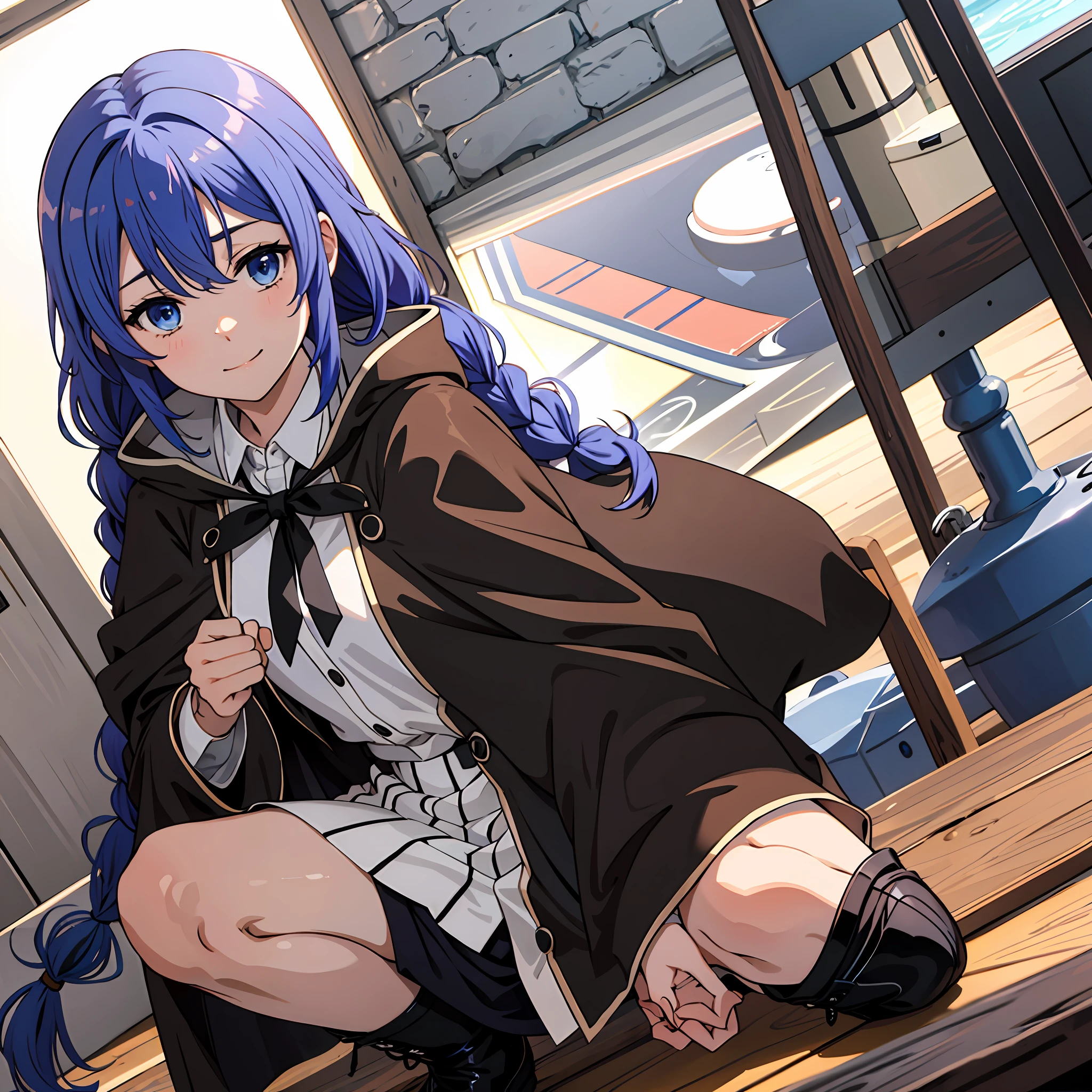 1girl in, Roxy Migurdia, Witch Hat, Blue eyes, Blue hair, twin braids, Twin-tailed, (Brown coat:1.1), Cape, robe, braided ponytails, knee boots, Witch, Holding, , Black socks, Hair Ribbon, bow ribbon, Looking at Viewer, sox, Smile, Closed mouth, plein air, Sun,, (masutepiece:1.2), hight resolution, Best Quality, 8K, Very Very Clear(((,crouching down　Panchira)))++　beauty legs